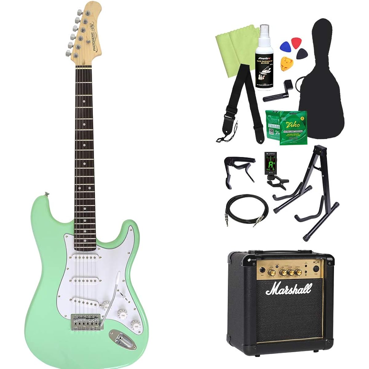 Photogenic ST-180 SFG Electric Guitar Beginner 14-piece Set [Includes MG10] Stratocaster Type Surf Green Photogenic