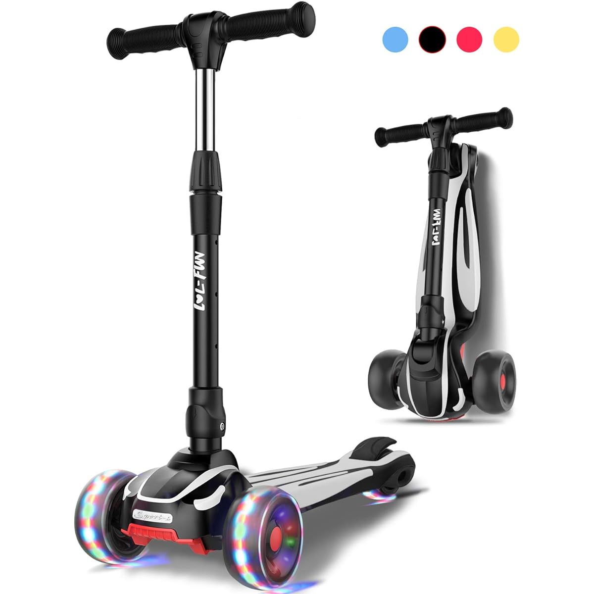 LOL-FUN Kids Scooter for 3-5 Years Old Boys and Girls, 3 Wheels, Extra Wide, Kids Foldable Kick Scooter for Kids 6-12 Years Old Toddlers, 4 Height Adjustable Tilt Control, Black