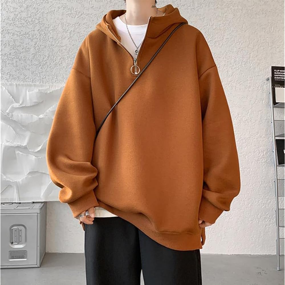 [JIYUTOR] Men's sweatshirt hooded loose hoodie zip-up neck plain hooded high neck hoodie large size drop shoulder pullover sweatshirt