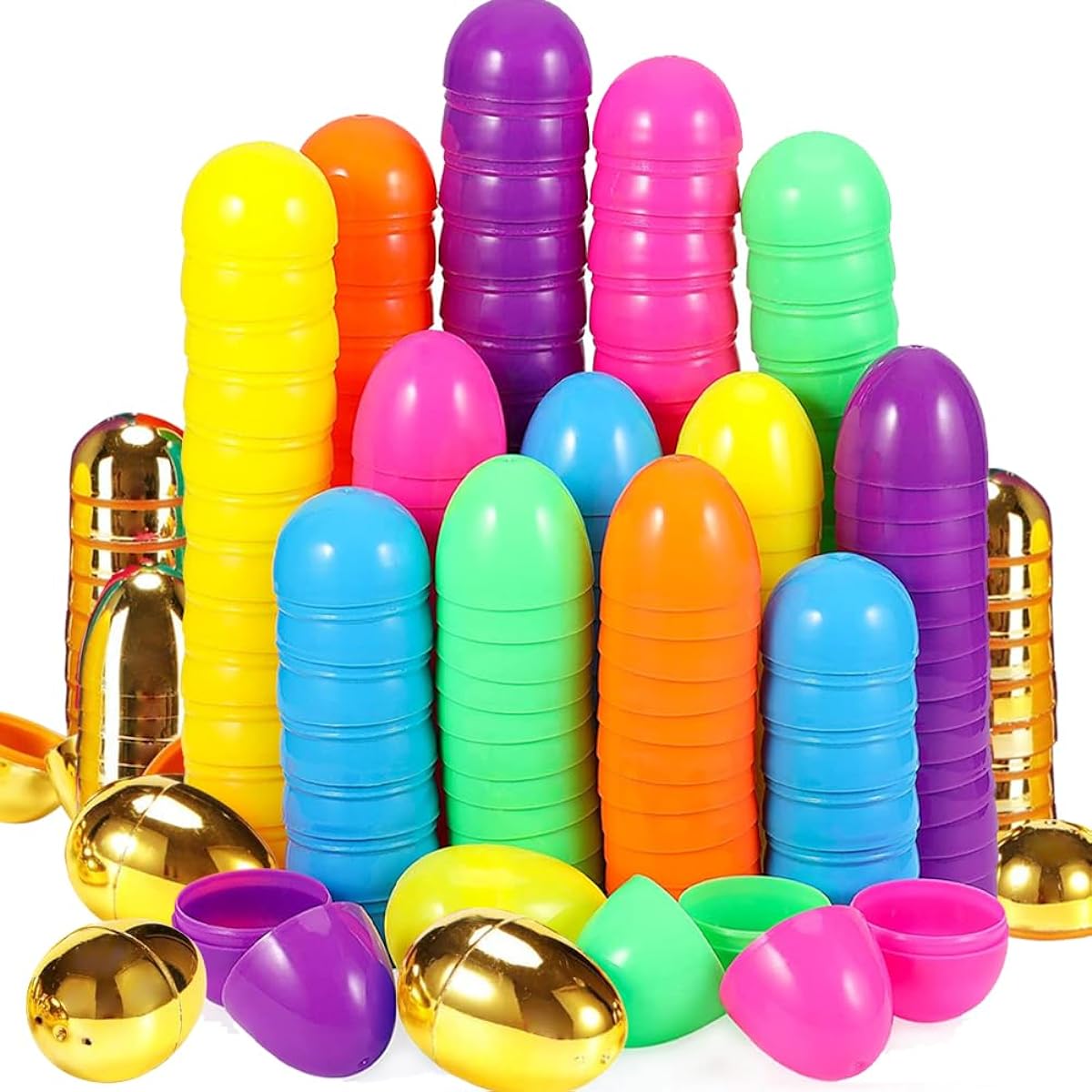 DINESIL 120pcs Easter Eggs, 12pcs Golden Eggs, Colorful Plastic Easter Eggs, Easter Eggs for Filling with Special Treats, Easter Theme Party Favors, Easter Egg Hunt, Classroom Prize Supplies
