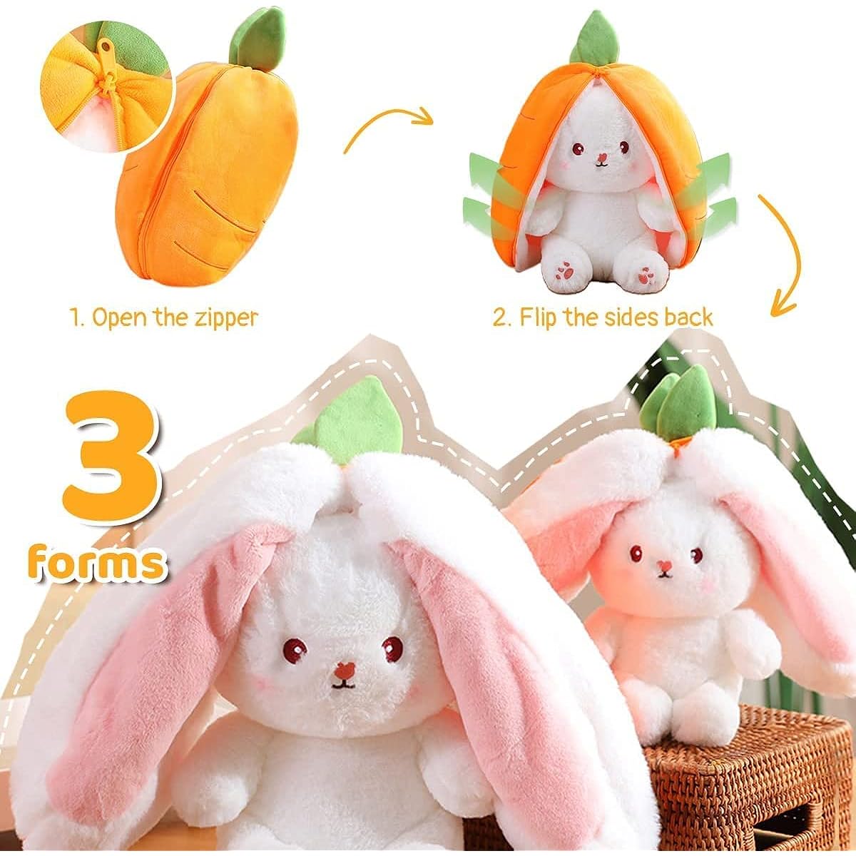 ULTHOOL Strawberry and Carrot Bunny Stuffed Animals, Easter Bunny Plush Toy, Cute Reversible Rabbit Stuffed Animal with Zipper, Easter, Great Gift for Boys and Girls (13.8" Carrot)