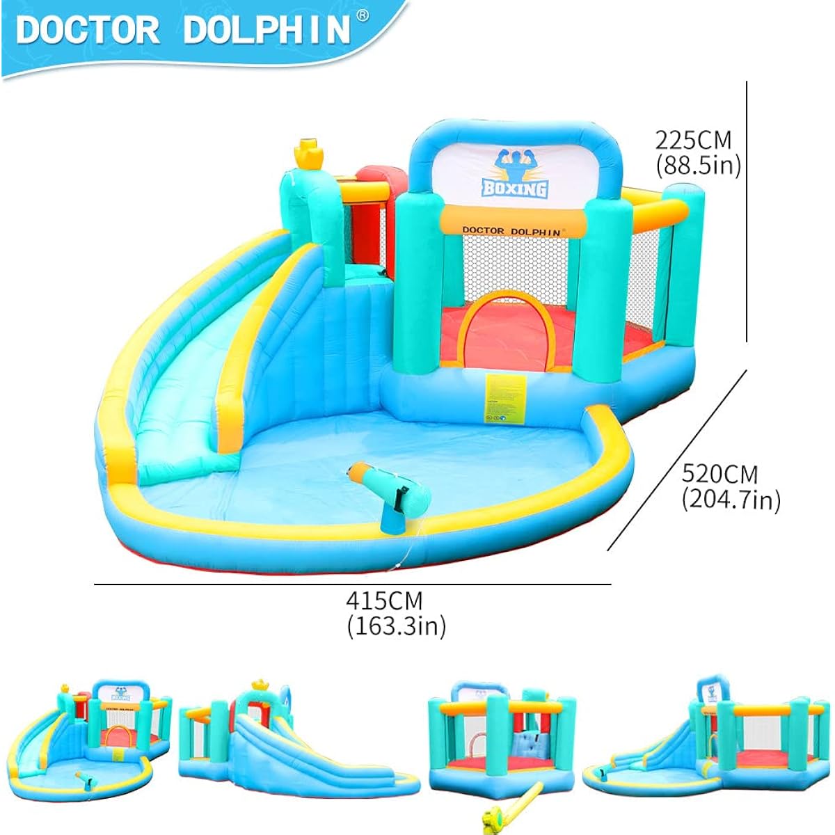 Dr. Dolphin Bounce House Long Water Slide Kids Play Boxing Ring Splash Pool Water Gun