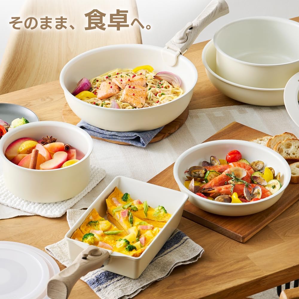 Iris Ohyama Frying Pan Set Compatible with IH & Gas Fires, 10-Piece Set, Frying Pan with Removable Handle, Ceramic Color Pan, Heat Conductive for Quick Cooking, Shorter Cooking Time, Fluffy and Juicy Greige CC-10S