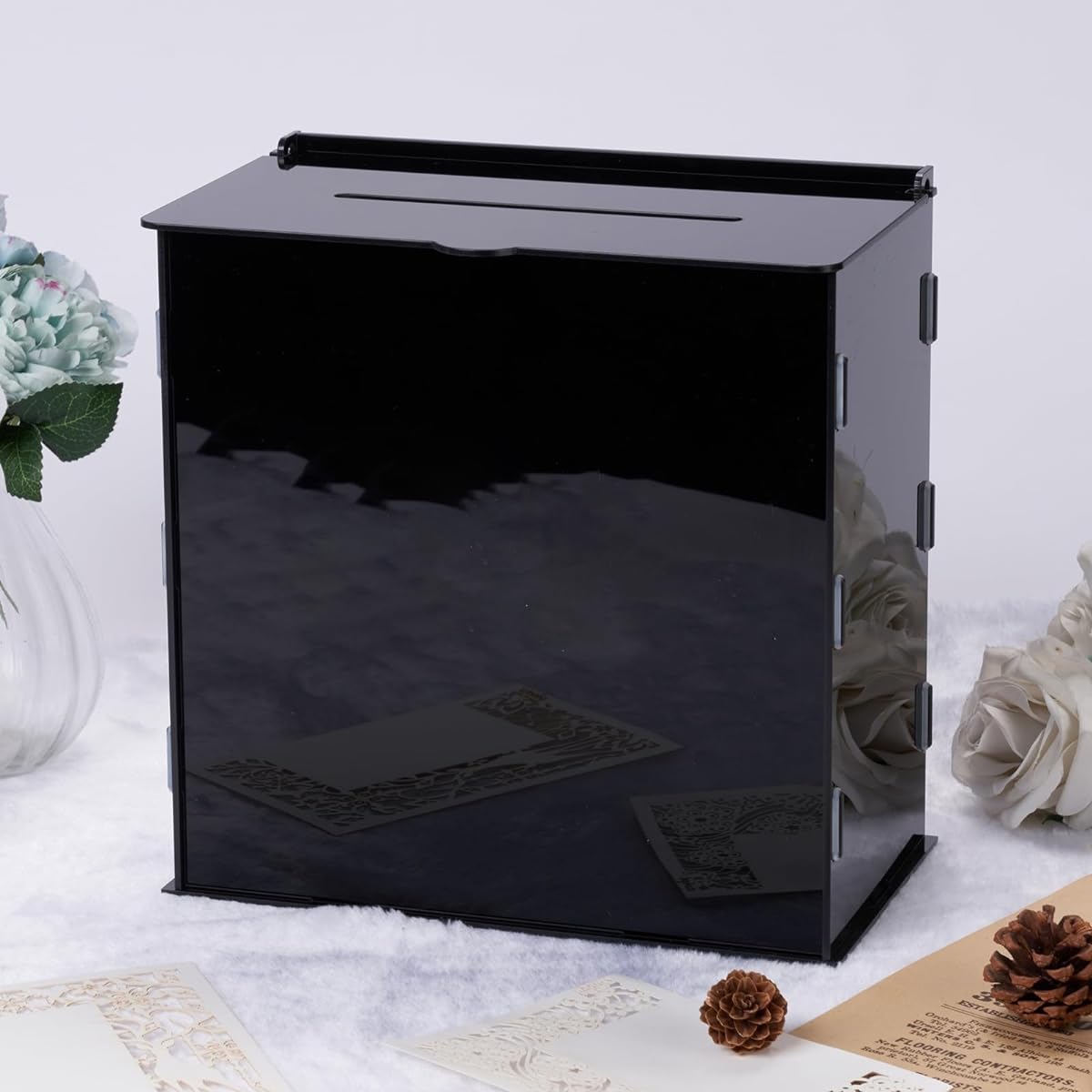 WHSLILR 10" Acrylic Wedding Card Box, Large Card Box for Wedding Reception, DIY Wedding Envelopes, Money Memory Box for Party, Graduation, Birthday, Baby Shower Decorations ACB003-Black-WZ