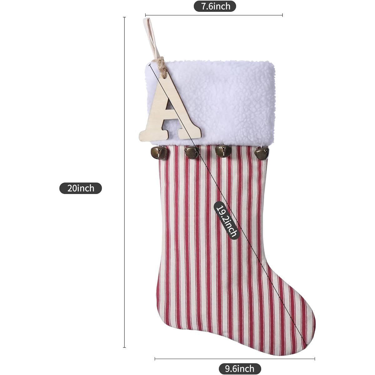 JKSVE 19.5" Red Vertical Striped Christmas Stocking with Bells Personalized Wooden Initial Monogram Christmas Stocking Holiday Xmas Party Decorations (S)
