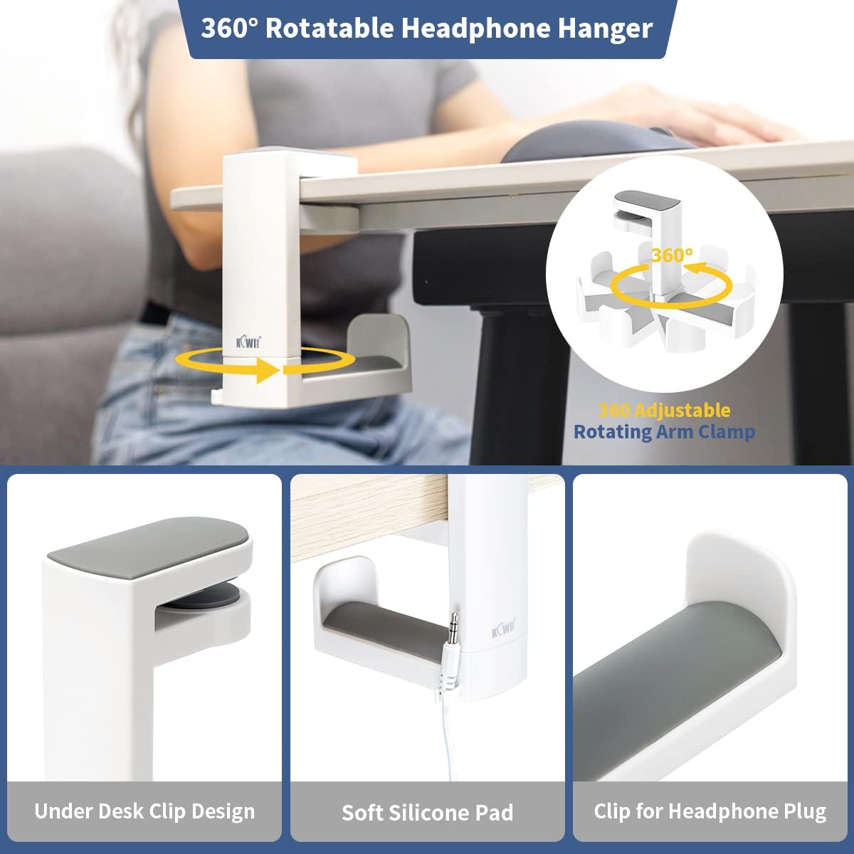 KIWIFOTOS Under Desk Headphone Stand Holder PC Gaming Headset Hook Hanger Mount with 360 Adjustable Swivel Arm Clamp & Built-in Cable Clip - White