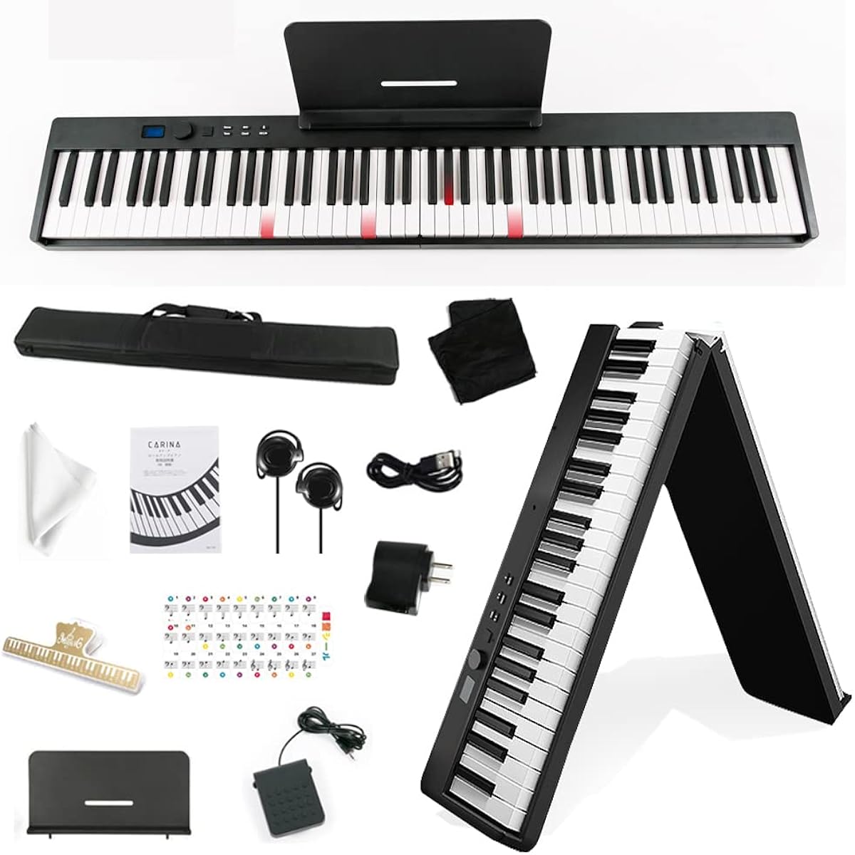 Carina Folding Electronic Piano, Glowing Keyboard, 88 Keys, Compact, Lightweight, Slim Design, MIDI Compatible, Pedal, Earphones, Keyboard Sticker Included [Black]