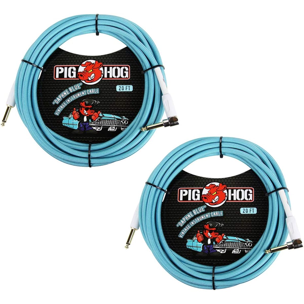 Pig Hog Vintage Series Braided Instrument Cable Dafun Blue 20' Right Angle Set of 2