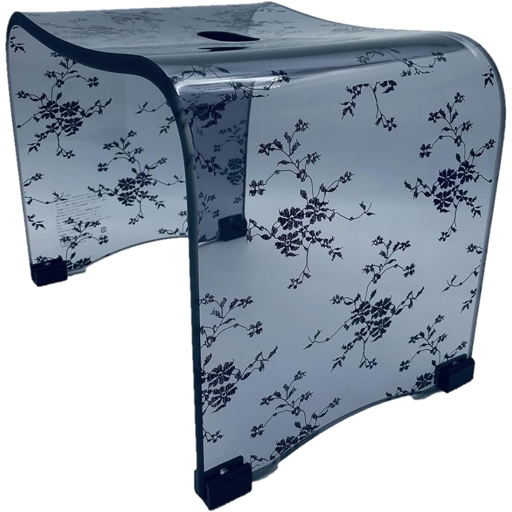 Kasho Bath Chair, Acrylic, Black Small Flower Lace Pattern, Height: Approximately H25cm, Bath Chair, Safe, Non-Slip, Drainage Hole, Easy to Clean, 510KS810M