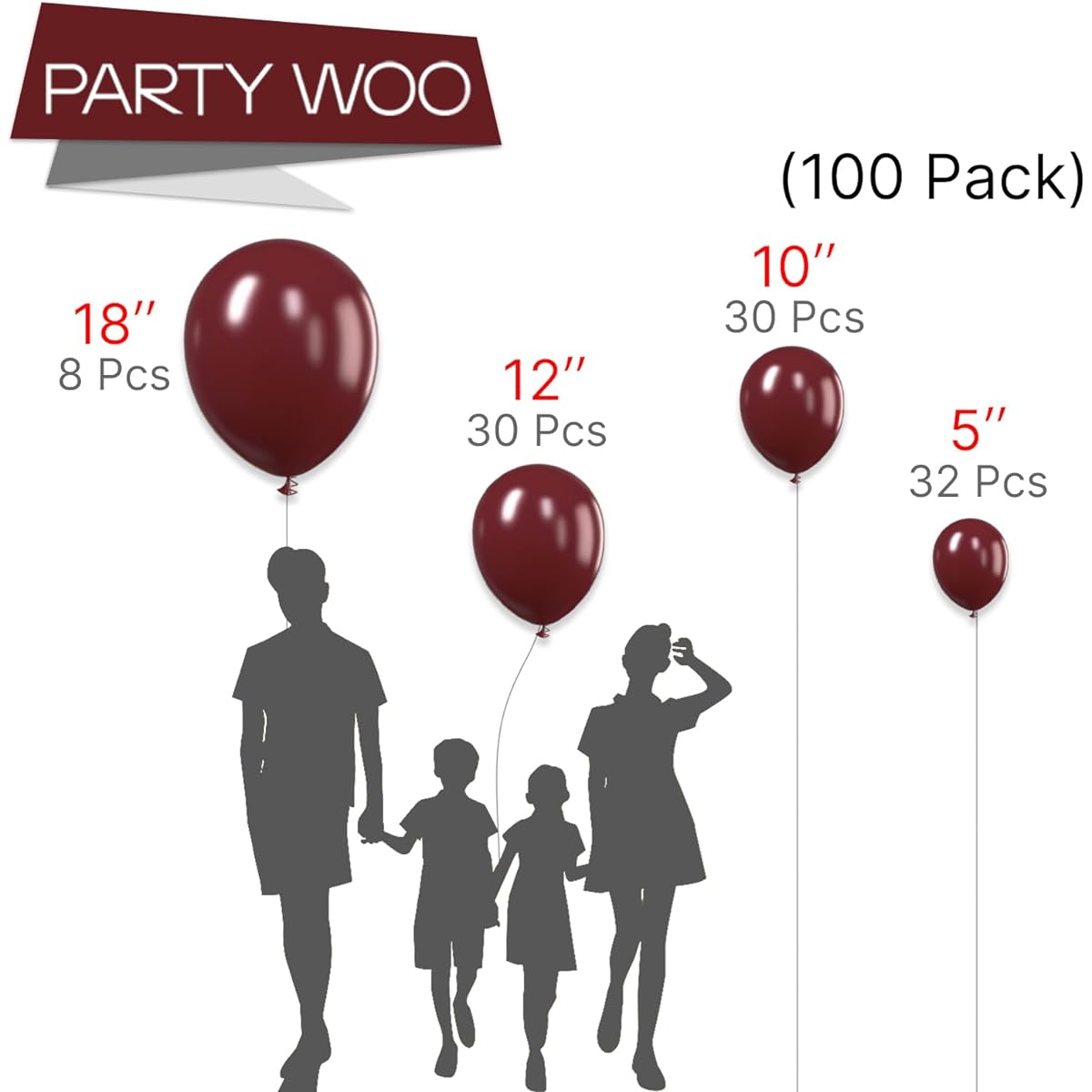 PartyWoo Burgundy Balloons Wine Red Balloons 100pcs Different Size 18inch 12inch 10inch 5inch Maroon Balloons for Balloon Garland or Balloon Arch Birthday Party Decoration Red -Y62