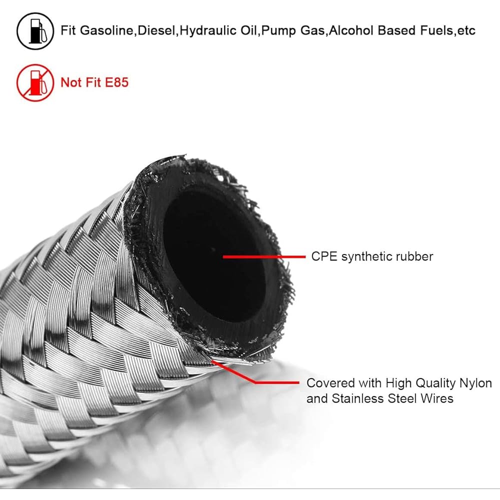 6AN 12ft Universal Braided Oil Fuel Line Hose Stainless Steel Fuel Hose 6pcs AN6 Hose Fitting Kit