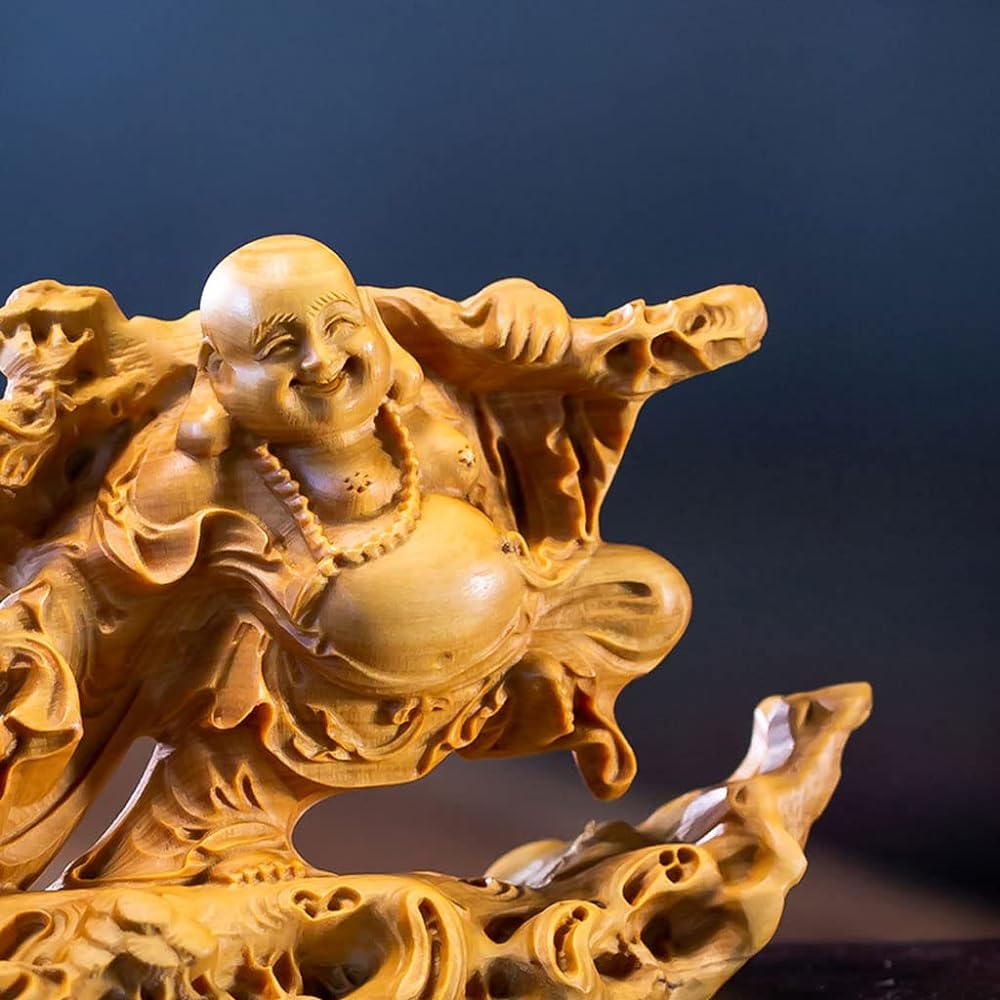 Wood carving Buddha statue Seven Lucky Gods figurine Hotei figurine High quality boxwood wood carving Hotei Feng Shui Money luck amulet (total height approx. 6cm, width 14cm, depth 3.5cm)