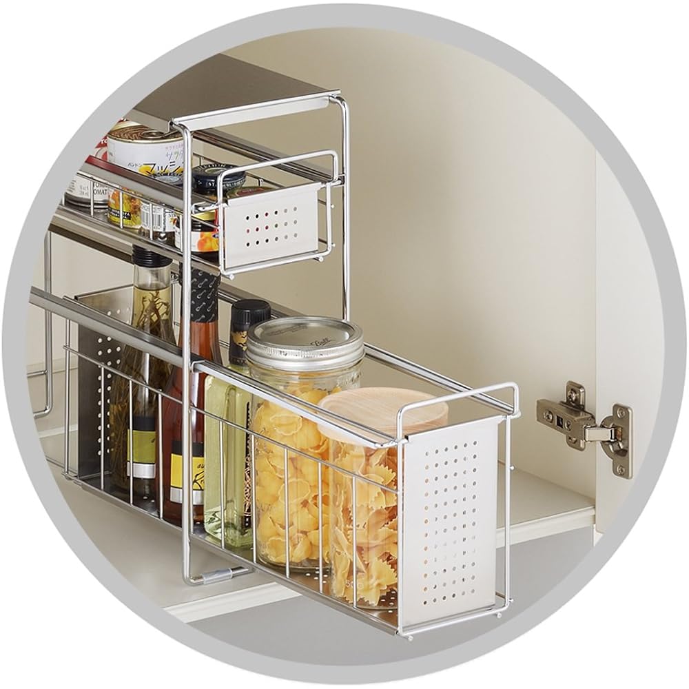 Yoshikawa Made in Japan Under Sink Slide Storage 2 Tiers Width 15 Silver 1305695