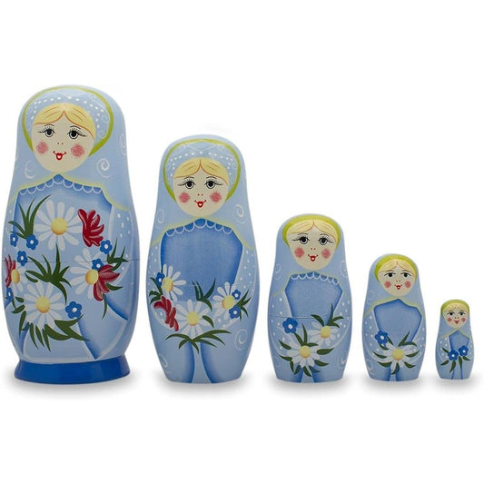 5 Girls with Daisy Flowers & Blue Skirt Wooden Nesting Dolls 6 Inches