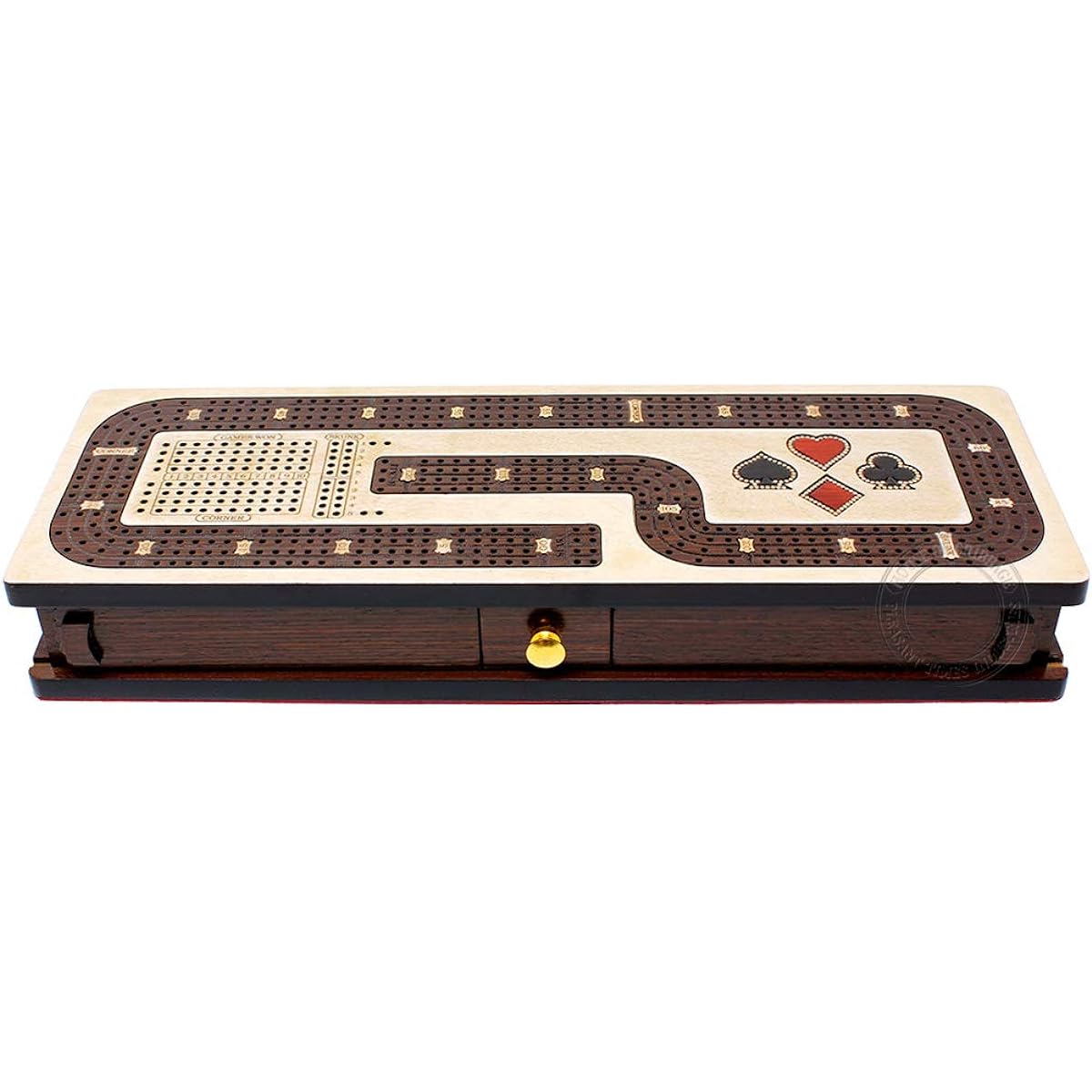 House of Cribbage - Continuous Cribbage Board / Box Maple Inlay / Wenge Wood: 4 Tracks - Card and Peg Storage Drawer with Score Marking Field Skunk Corner Winning Game