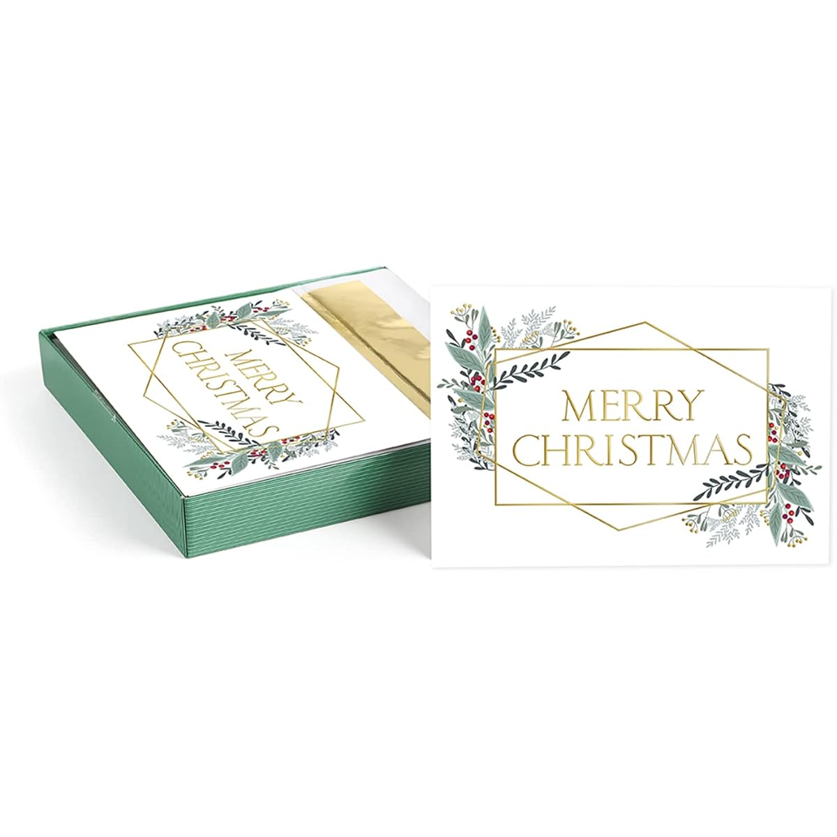 Gold Foil Framed Merry Christmas Card Set / 15 Boxed Modern Holiday Cards with Foil Lined Envelopes / 5 5/8" x 7 7/8" Folded Seasonal Greeting Cards with Inside Poem