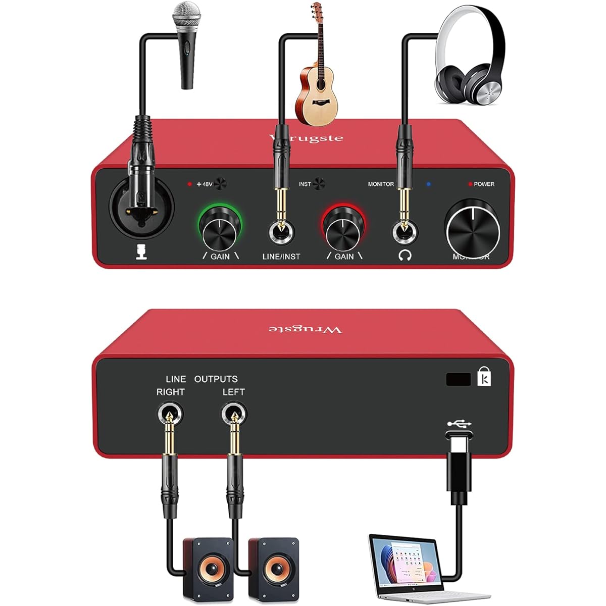 Wrugste USB Audio Interface Solo(24bit/192kHz)+48V Phantom Power Computer Recording Podcasting and Streaming Plug and Play Upgraded XLR Audio Interface for Content Creators Musicians