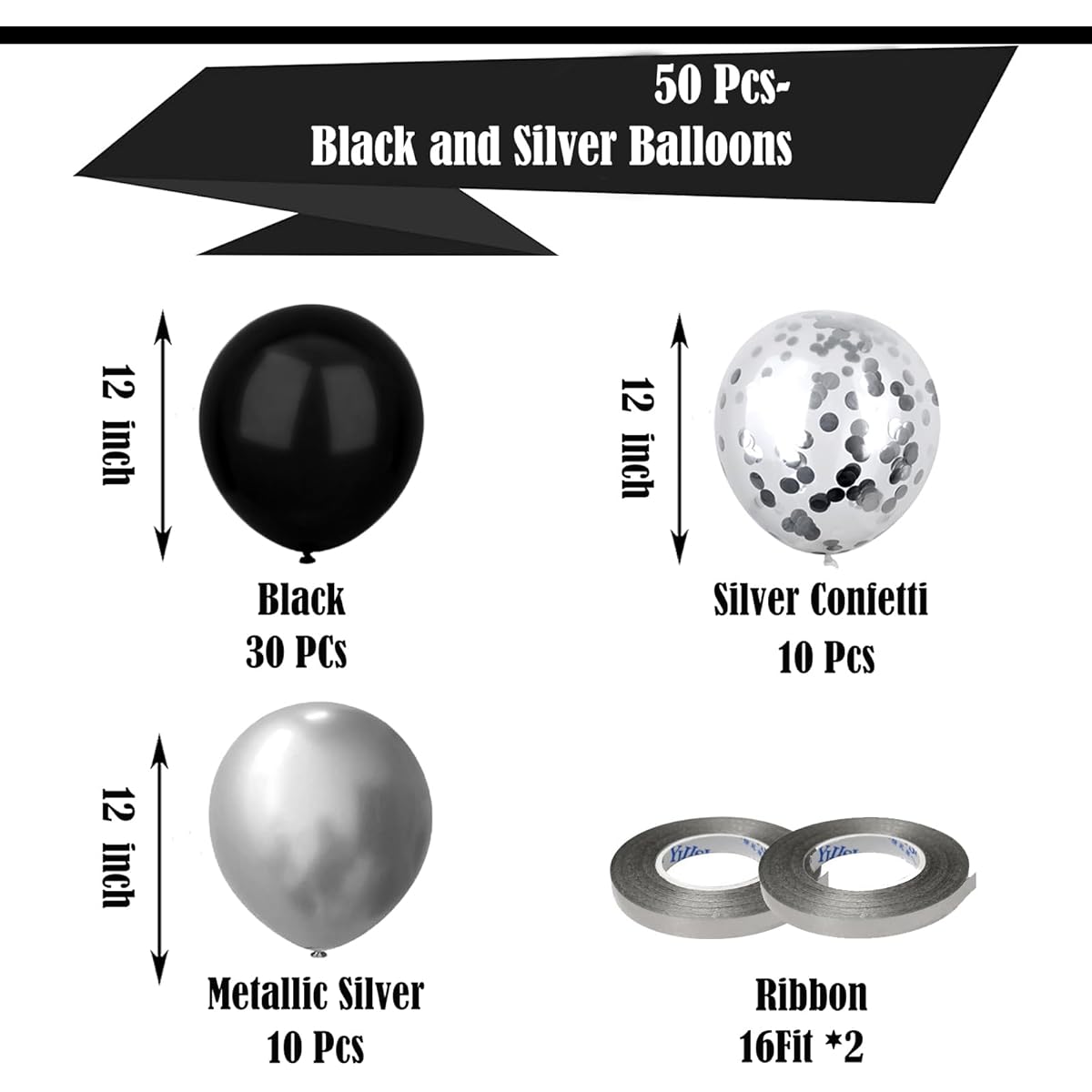 50pcs Black and Silver Confetti Balloons, 12inch Black Balloons, Silver Balloons, Silver Confetti Birthday Balloons for Birthday Party, Graduation, Bachelorette Party Decorations