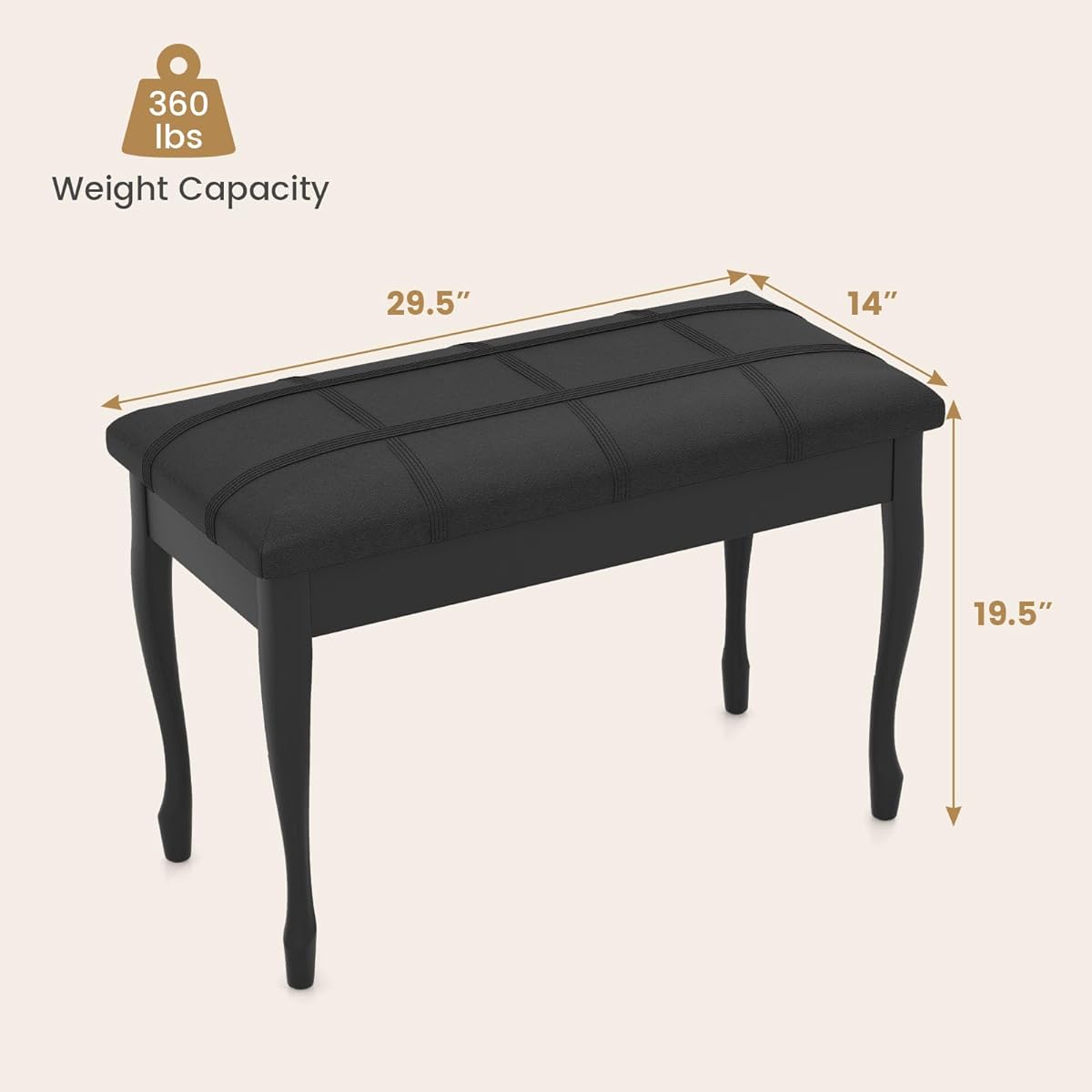 Giantex Piano Bench PU Leather with Padded Cushion and Music Storage Comfortable Double Duet Seat Wooden Legs Perfect for Professional or Home Use (Black)