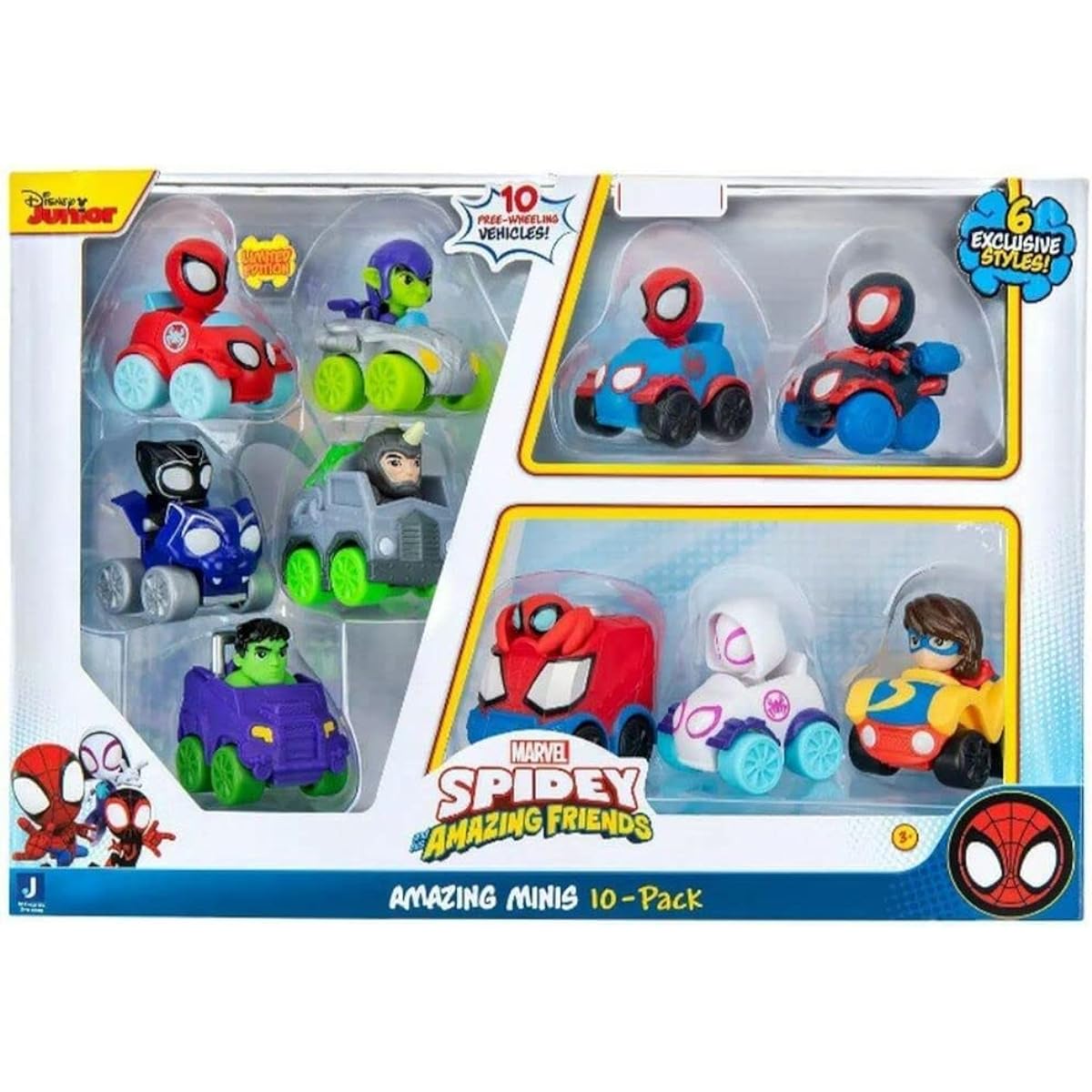 Spidey and his Amazing Friends SNF0046 10-pack of 2 assorted mini vehicles featuring Ghost Spider, Miles, Hulk and more friendly neighborhood Spider-Man toys.