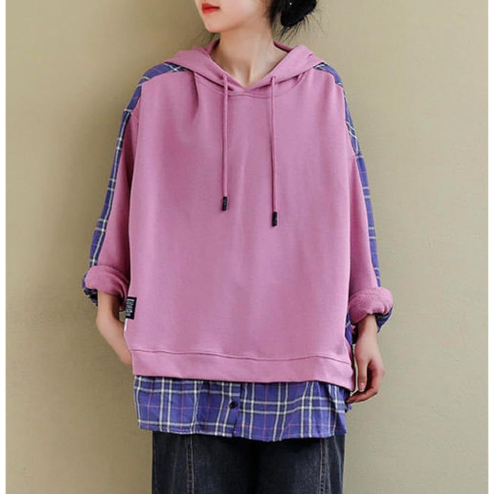 [Alhyla] Women's Hoodie, Sweatshirt, Loose Top, Pullover, Hoodie, Hooded, Sweatshirt, Bicolor, Pretty, Hoodie, Women's, Large Size, Korean Hoodie