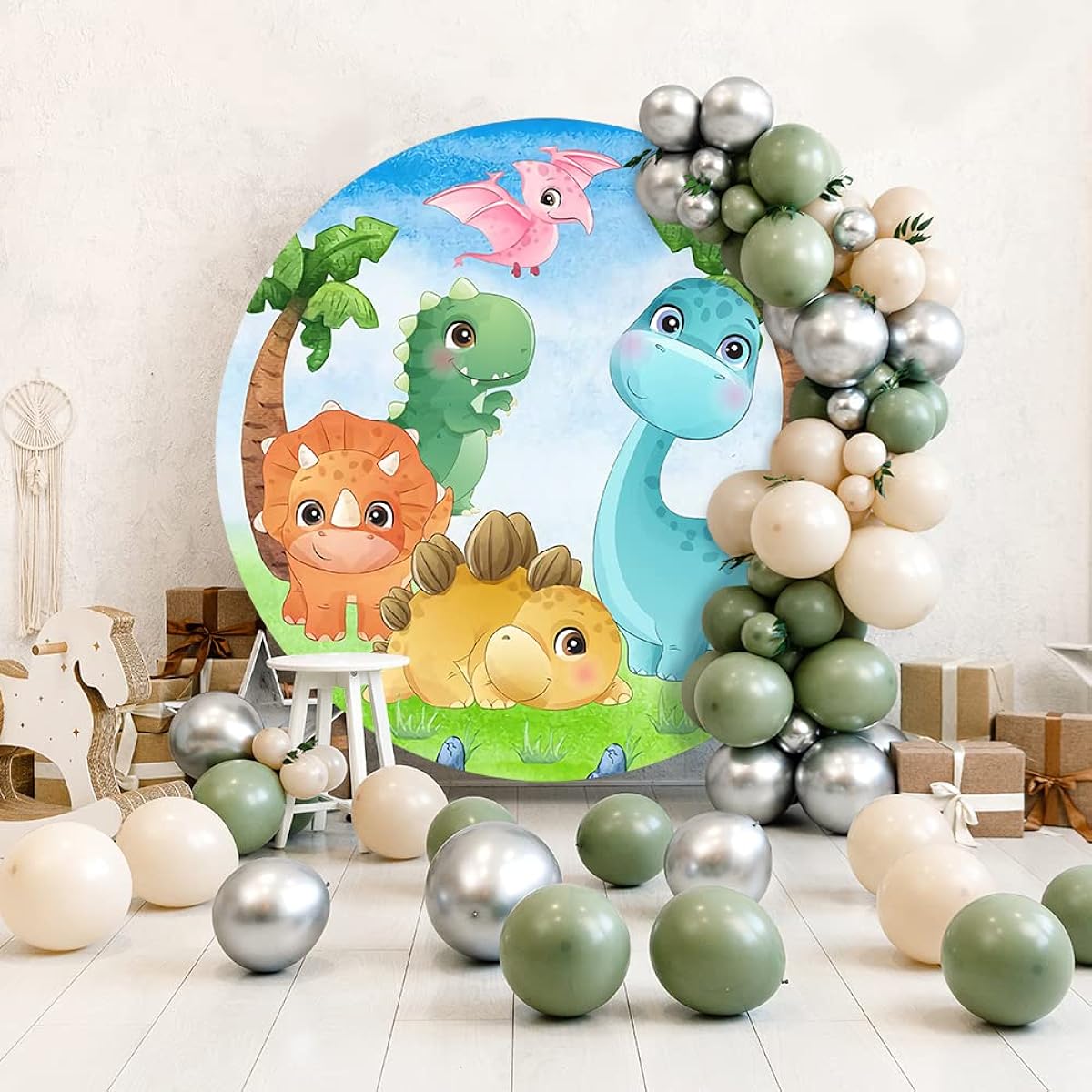 Round Background Cover Safari Dinosaur Baby Shower Round Backdrop Boys 1st Birthday Party Supplies Decoration Cake Table Banner