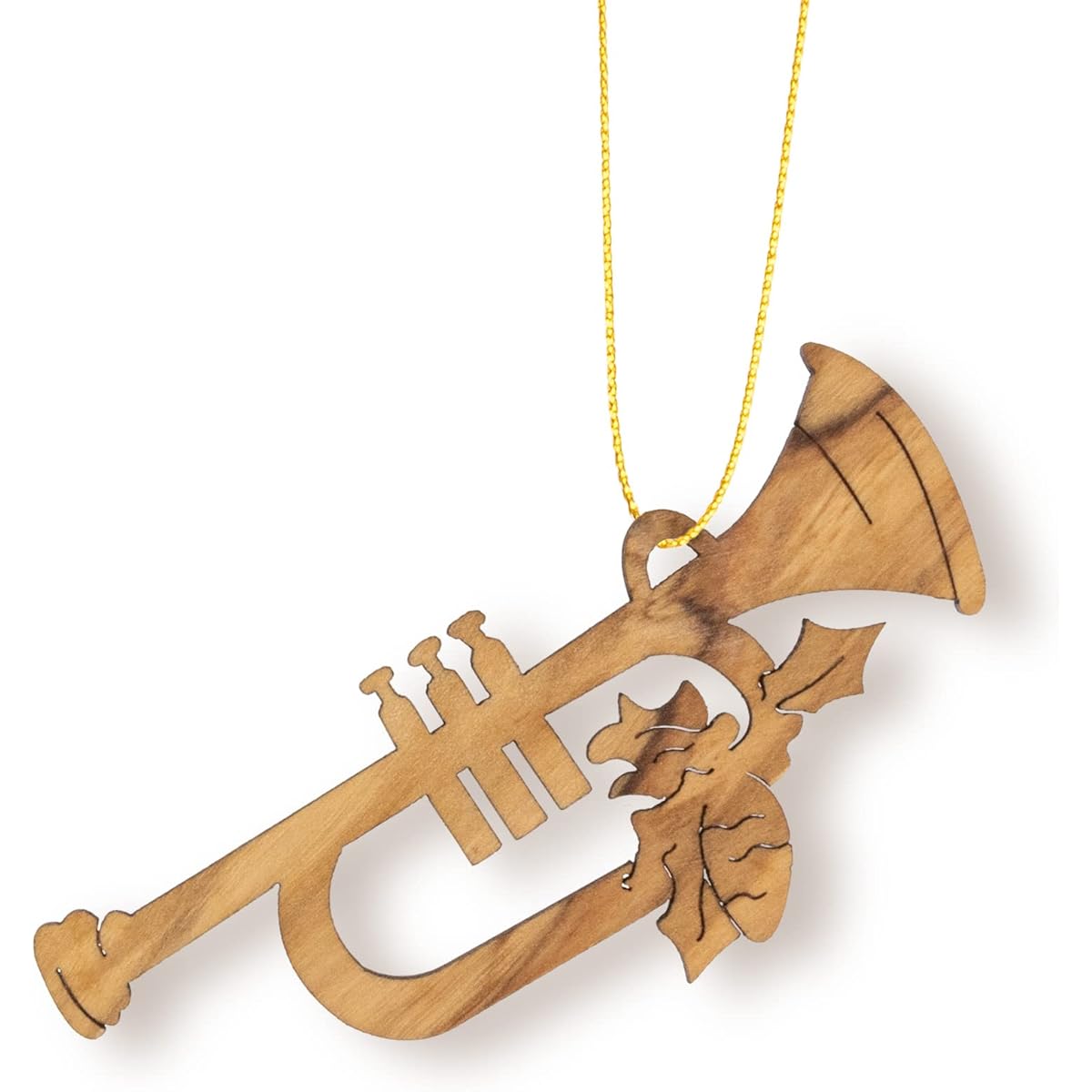 Trumpet Christmas Ornament Olive Wood Seasonal Decoration for Music Lovers & Band Members Small Wooden Christmas Tree Holiday Hanging Ornament Made in the Holy Land of Bethlehem, Israel