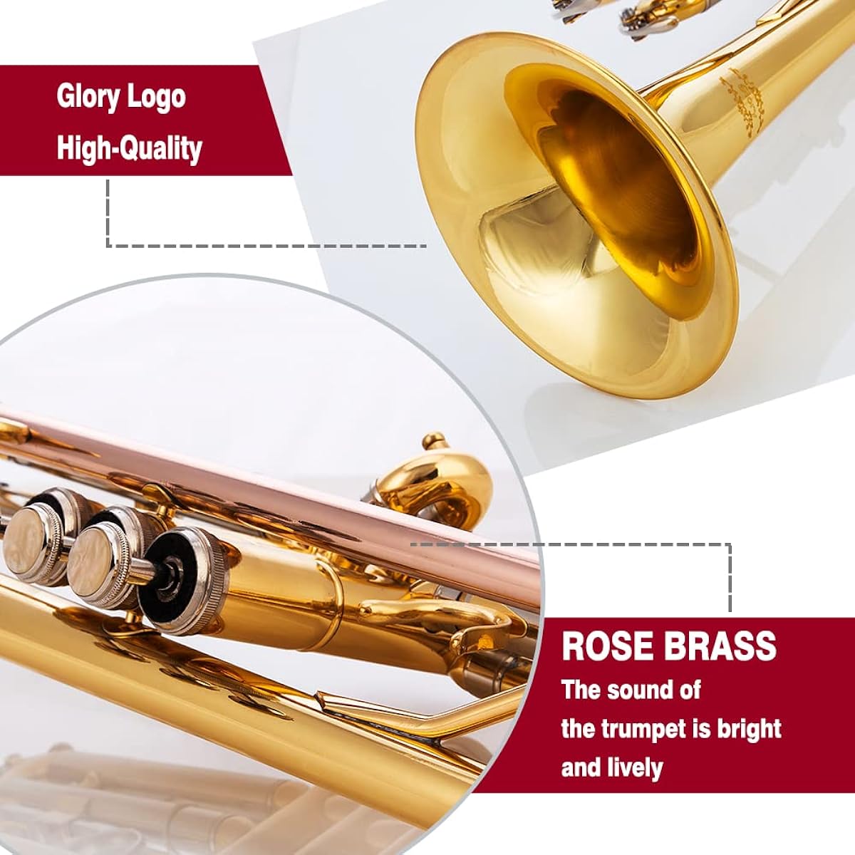 Glory Bb Trumpet - Beginner or Advanced Trumpet with Case, 1 Pair of Gloves, Gold