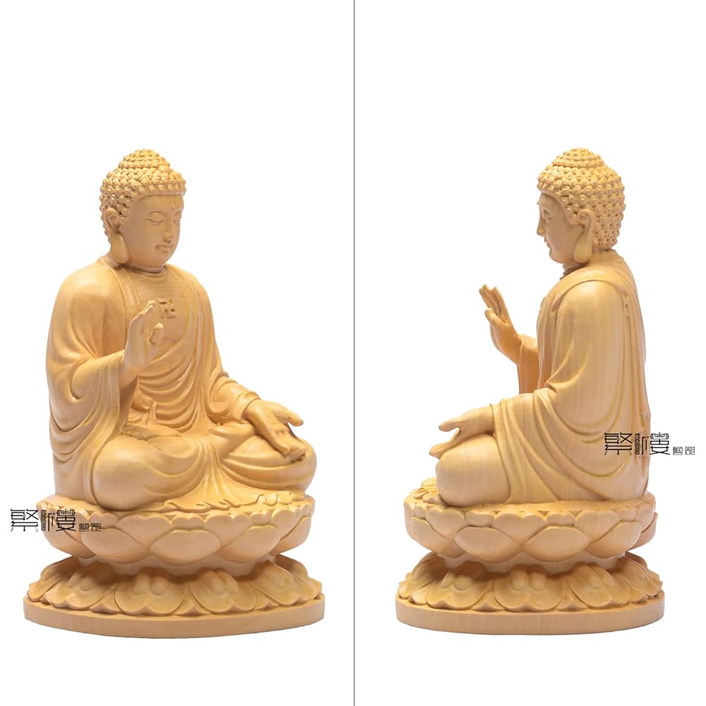 Hanro Art Sculpture Buddha Statue Shaka Nyorai Soto Zen Buddhism Rinzai Buddhism Buddhist Altar Buddha Statue Wood Carving Tsuge Tree Lotus Plate Pray Warm Off Evil (Height 13cm x Width 8cm x Depth 7.5cm) (Log)