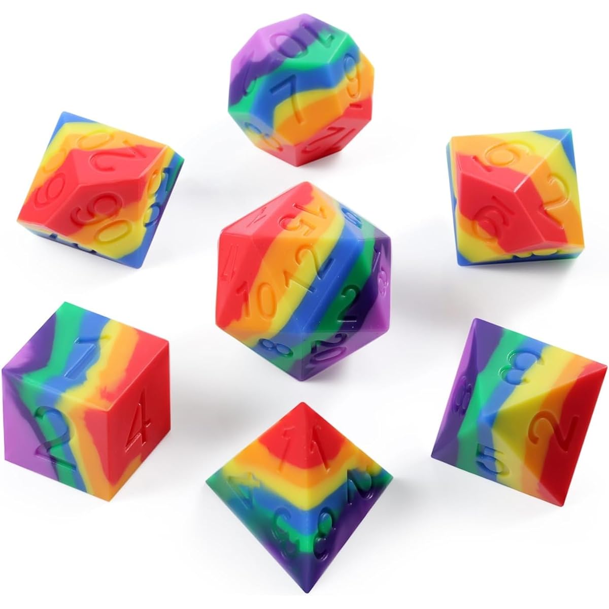 Futhark Rainbow Silicone DND Dice Set (7pc) - Bouncy, Squishy Polyhedral Dice with Display Case for Tabletop Roleplaying Games