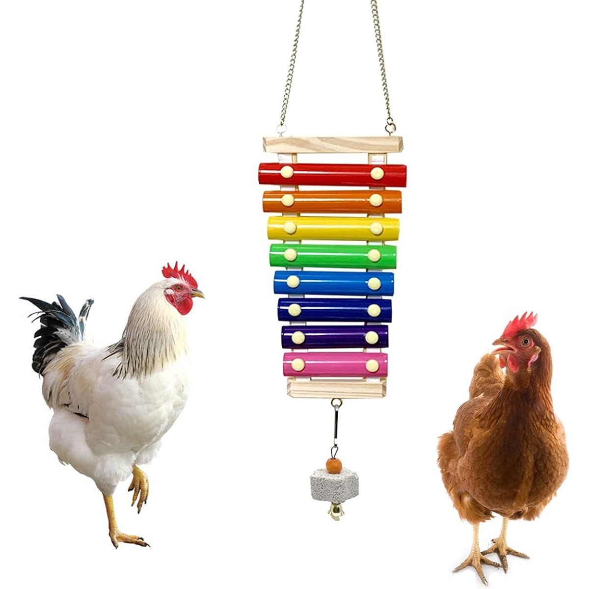 Vehomy Chicken Xylophone Toy, Hanging Wooden Xylophone Toy for Chickens with 8 Metal Keys, Chicken Coop Pecking Toy with Grindstone (Rainbow Color)
