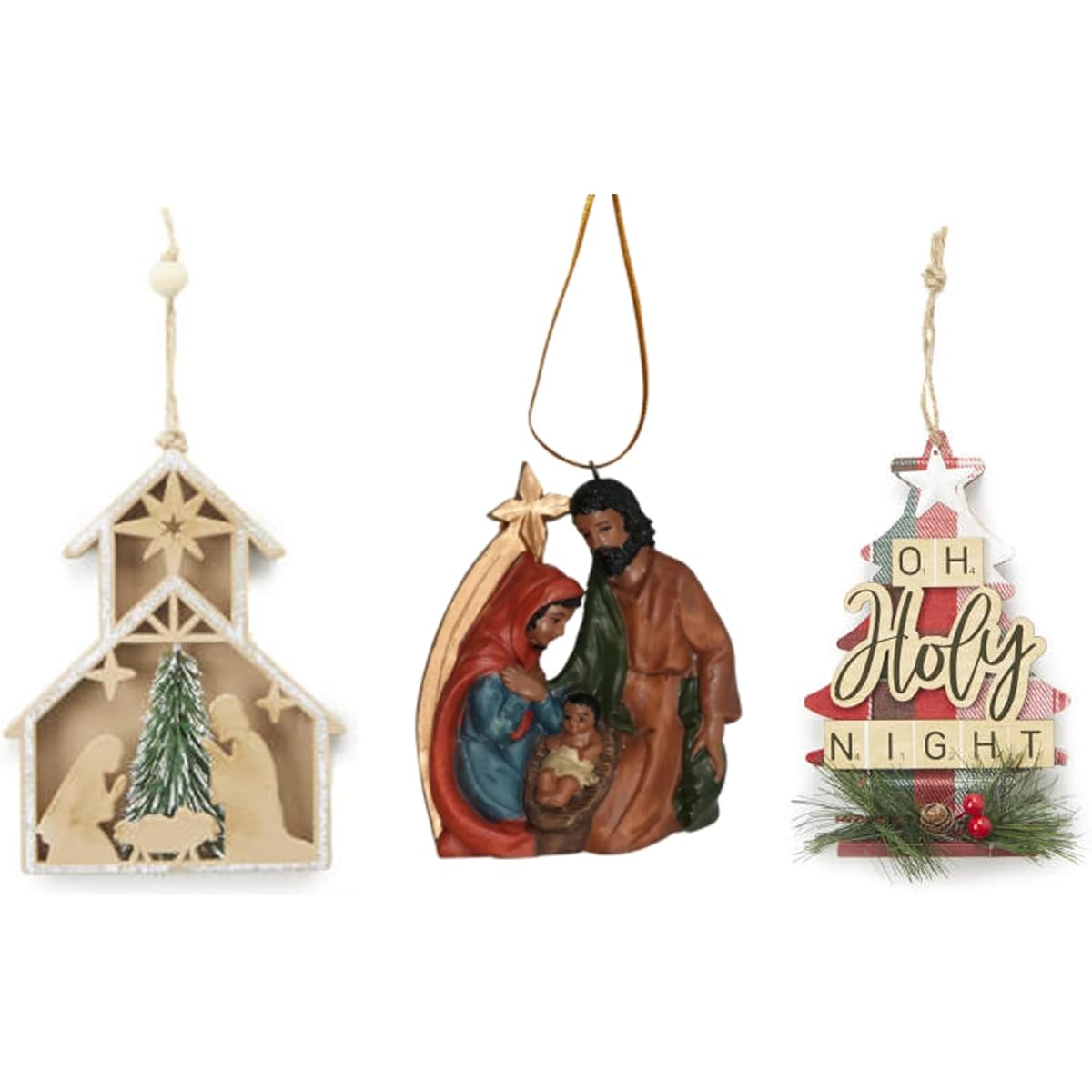 Nativity Christmas Ornaments - Farmhouse Style Holiday Home Decor - Set of 3 in Gift Bag (Red Nativity)