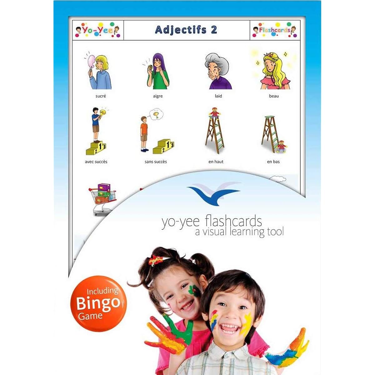 Adjective Flashcards in French Language - Set 2 - Flash Cards with Matching Bingo Game for Toddlers, Kids, Children and Adults - Size 4.13 x 5.83 in - DIN A6