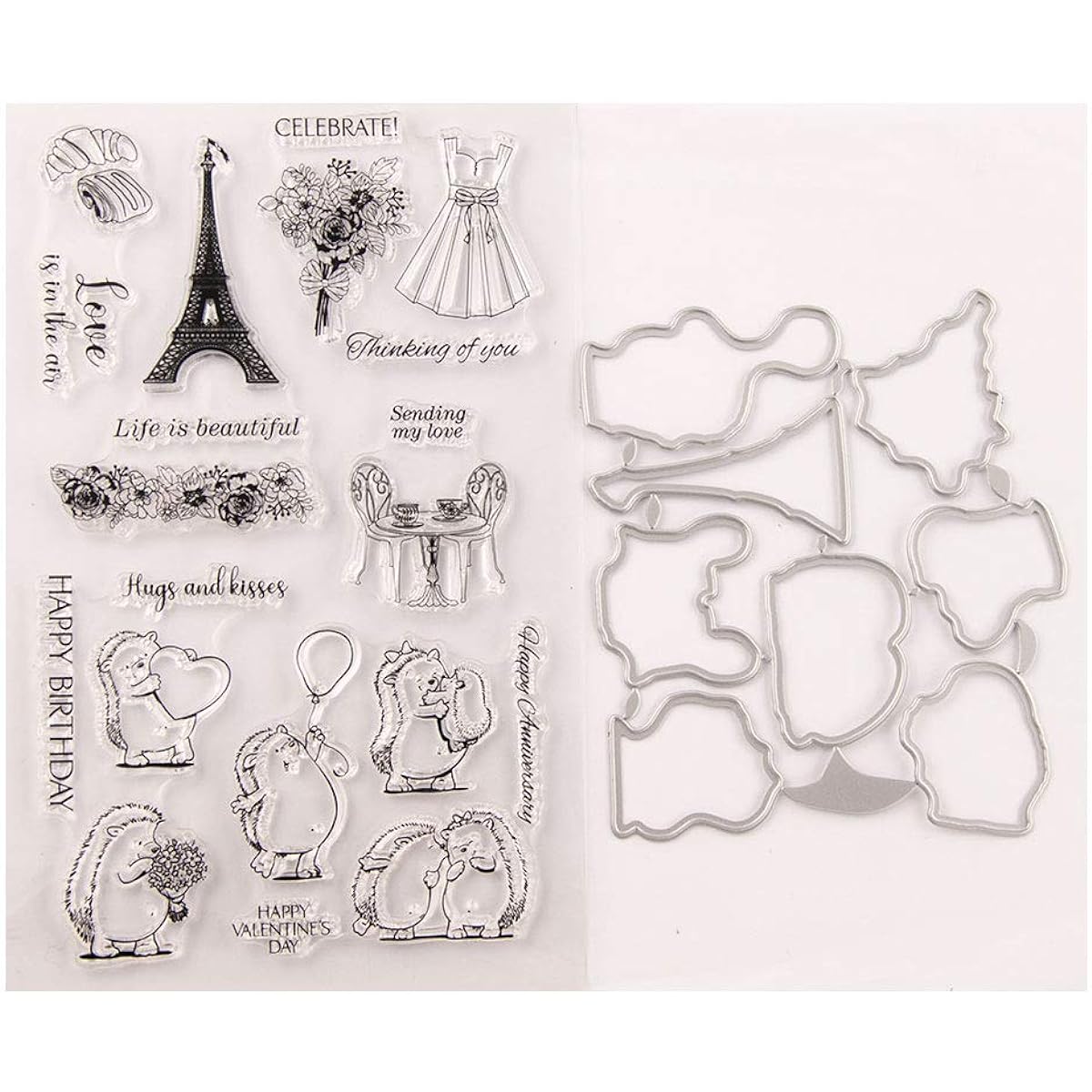 Tower Hedgehogs Happy Birthday Hugs and Kisses Happy Valentine's Day Rubber Stamp and Cut Die Set for Card Scrapbooking Clear Stamps and Cutouts