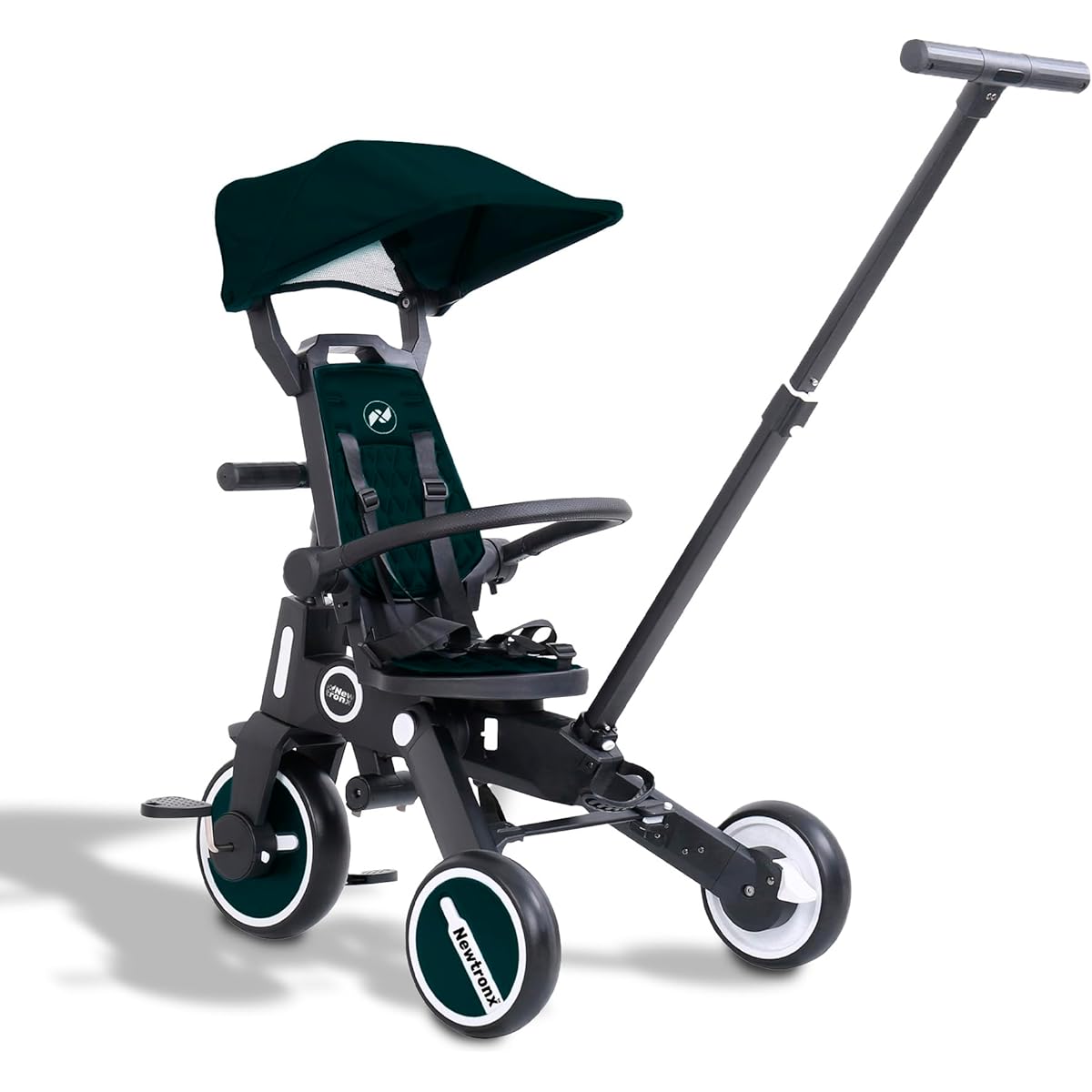 Newtronx Trixplorer 7-in-1 Folding Toddler Tricycle with Detachable Push Handle, Swivel Seat, Adjustable Canopy, Safety Harness, Storage Basket Tricycle for Toddlers Ages 1-5 (Racing/Green)