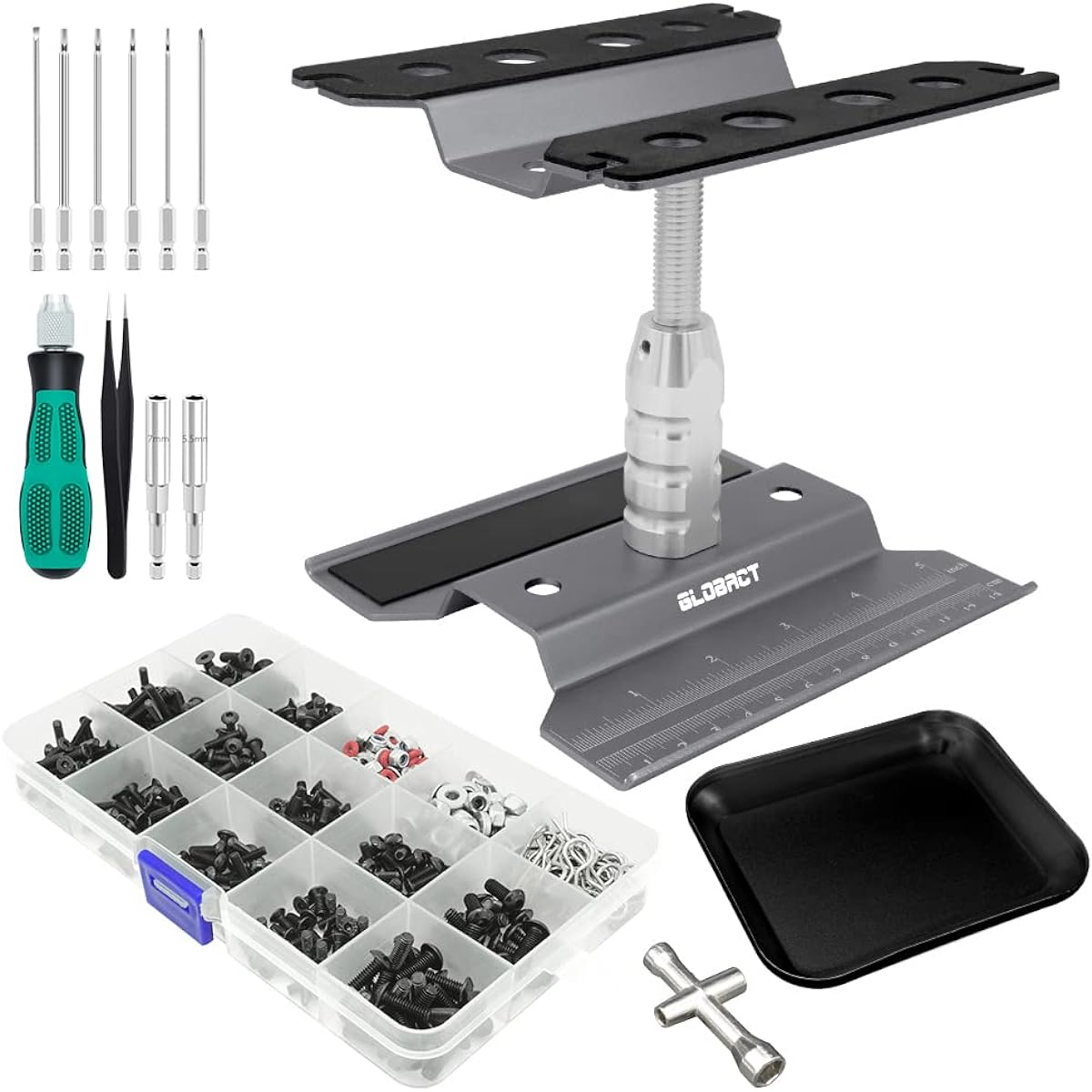 GLOBACT RC Car Repair Work Bench Repair Tool Set with 360 Degree Rotation 521Pcs RC Screw Kit and RC Screwdriver and Screw Pallet Kit for 1/8 1/10 1/12 1/16 1/18 RC Car Truck Crawler (Titanium)