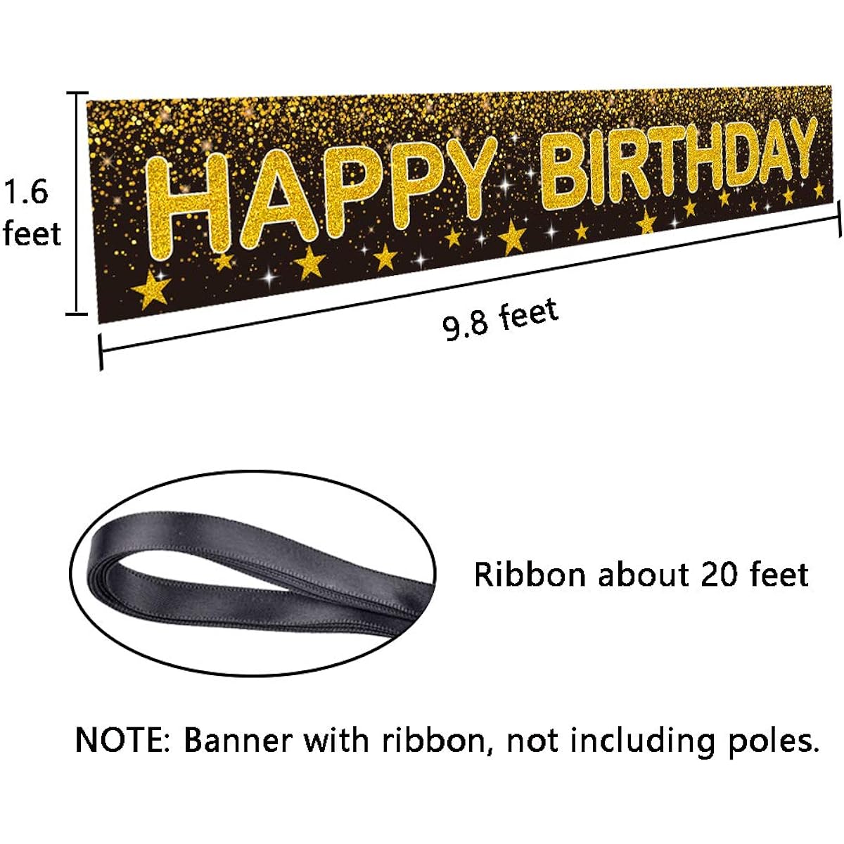 Ushinemi Happy Birthday Banner - Black and Gold Party Decorations Large Birthday Banner for Indoor and Outdoor 9.8x1.6ft