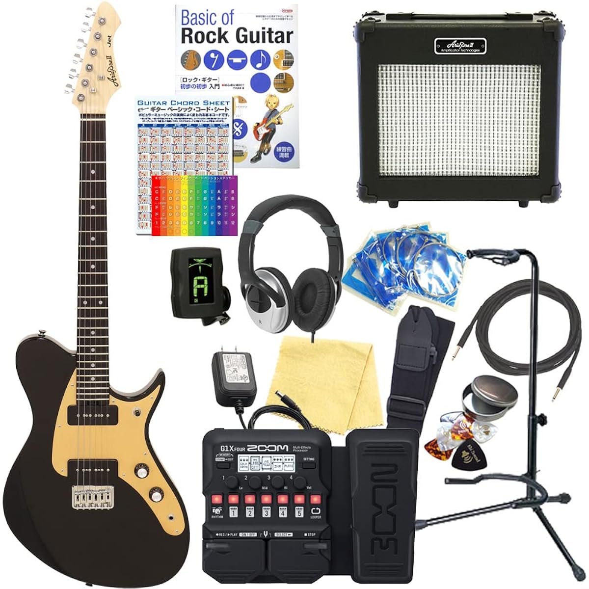 Electric Guitar Beginner Set AriaProII JET BK Aria Jet 18-piece set [ZOOM G1XFour multi-effector included]