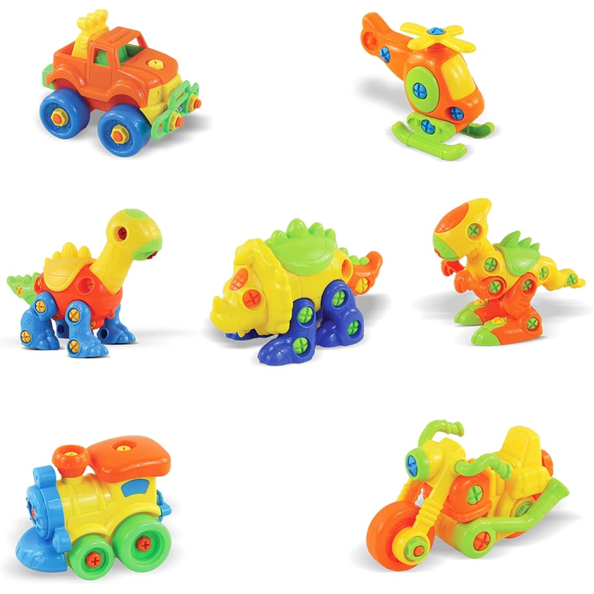 Kidwerkz Set of 7 Take Apart Toys - Dinosaurs, Helicopter, Train, Truck, Motorcycle - STEM Building Set-Hours of Fun-192 Pieces-Engineering Kit for Toddlers-Age 3, 4, 5 +Year Old