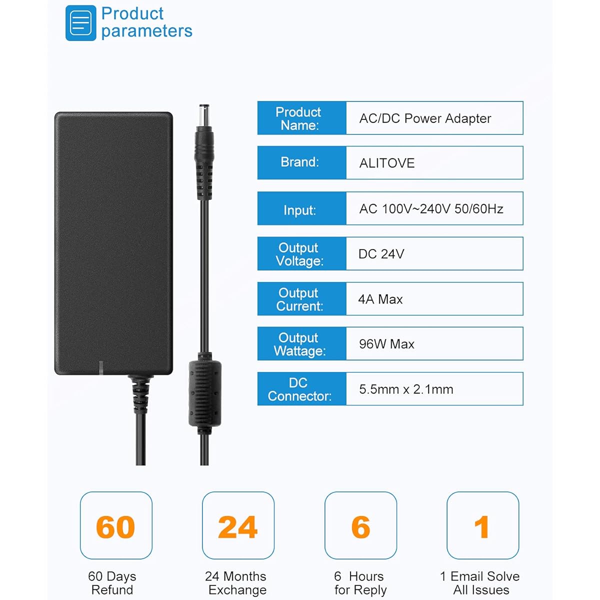 ALITOVE 24V Power Supply 4A 96W AC/DC Adapter 100-240V AC to DC 24 Volt Converter 4 Amp 3.75A 3.5A 3.3A 3.2A Transformer 5.5x2.5mm for LED Strip CCTV Camera LCD Monitor Massage Chair