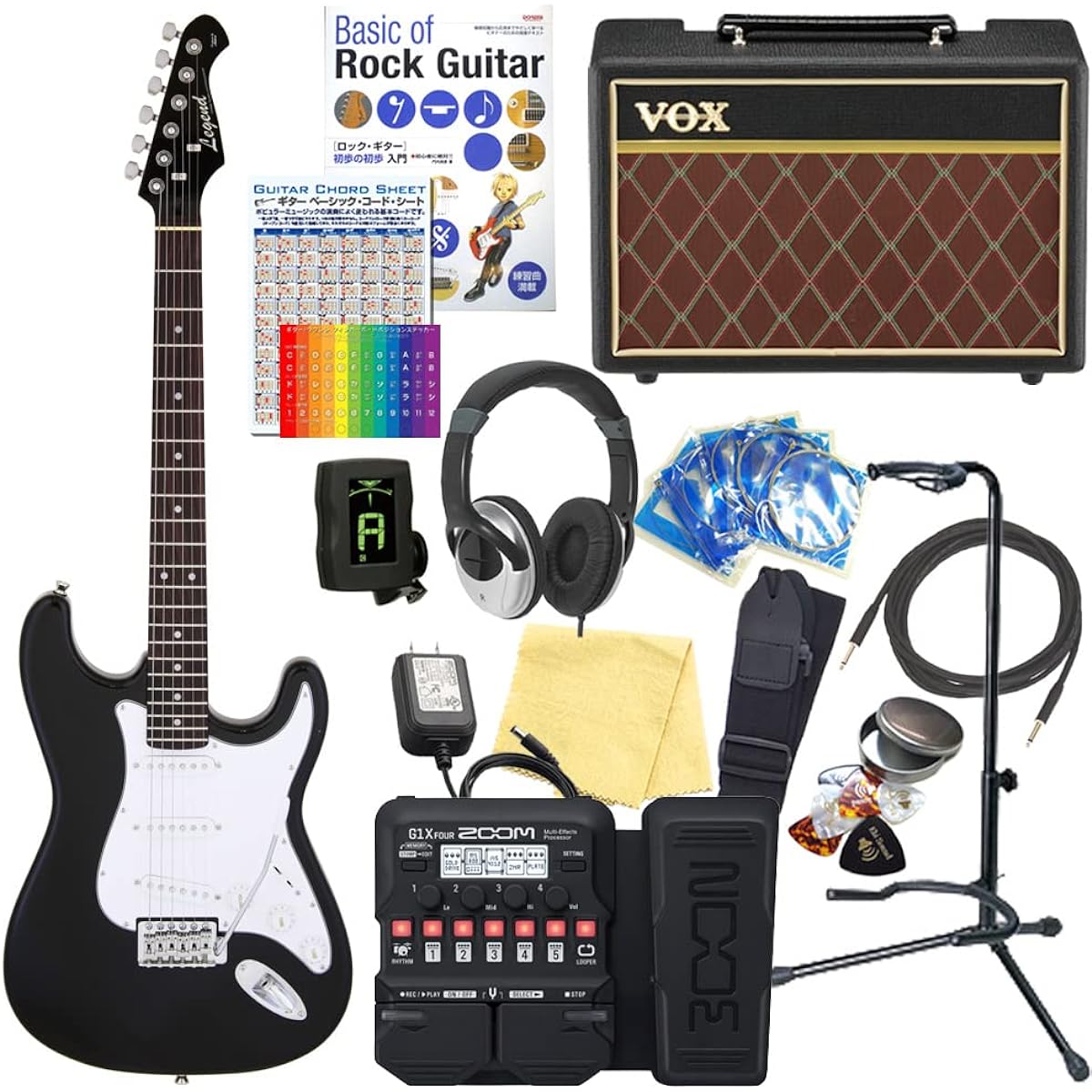 Electric guitar beginner set Stratocaster type 18-piece set with VOX amp Legend LST-Z BKBK [ZOOM G1XFour multi-effector included]