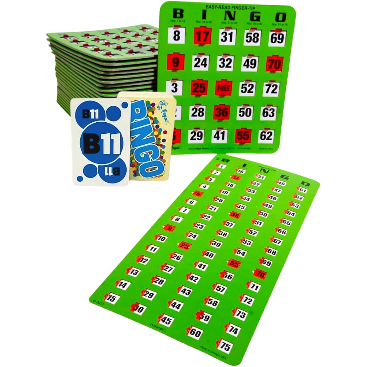 Regal Games - 50 Easy to Read Shutter Slide Cards - Easy to Read Fingertip Shutter Slide Cards Bingo Set - Jumbo Calling Cards with Master Board and Calling Cards - Green - No Repeat Set