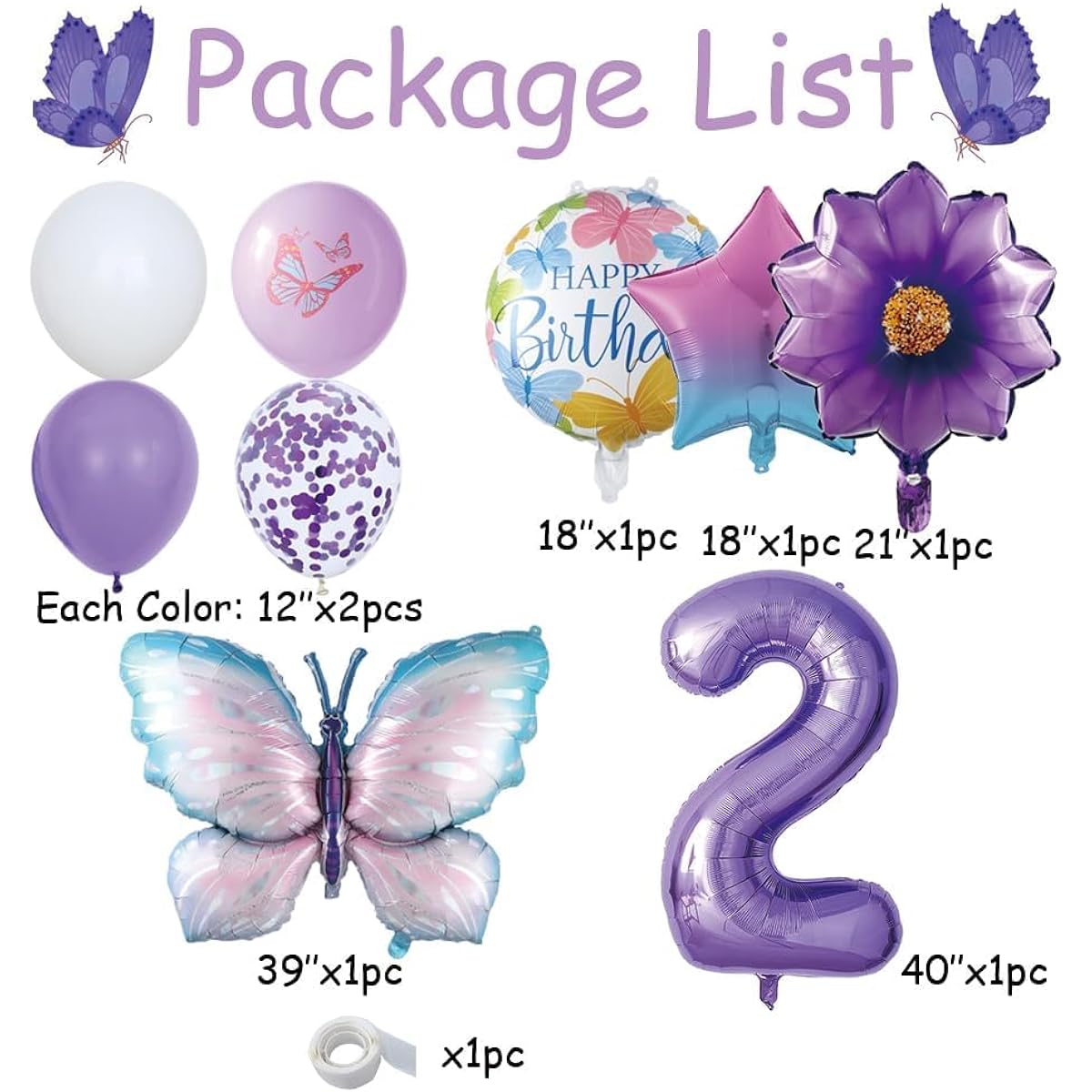 Butterfly Birthday Decorations for Girls 17 Pieces Giant Fairy Wings Butterfly and Number 2 Foil Balloon Butterfly 2nd Birthday Baby Shower Party Decorations