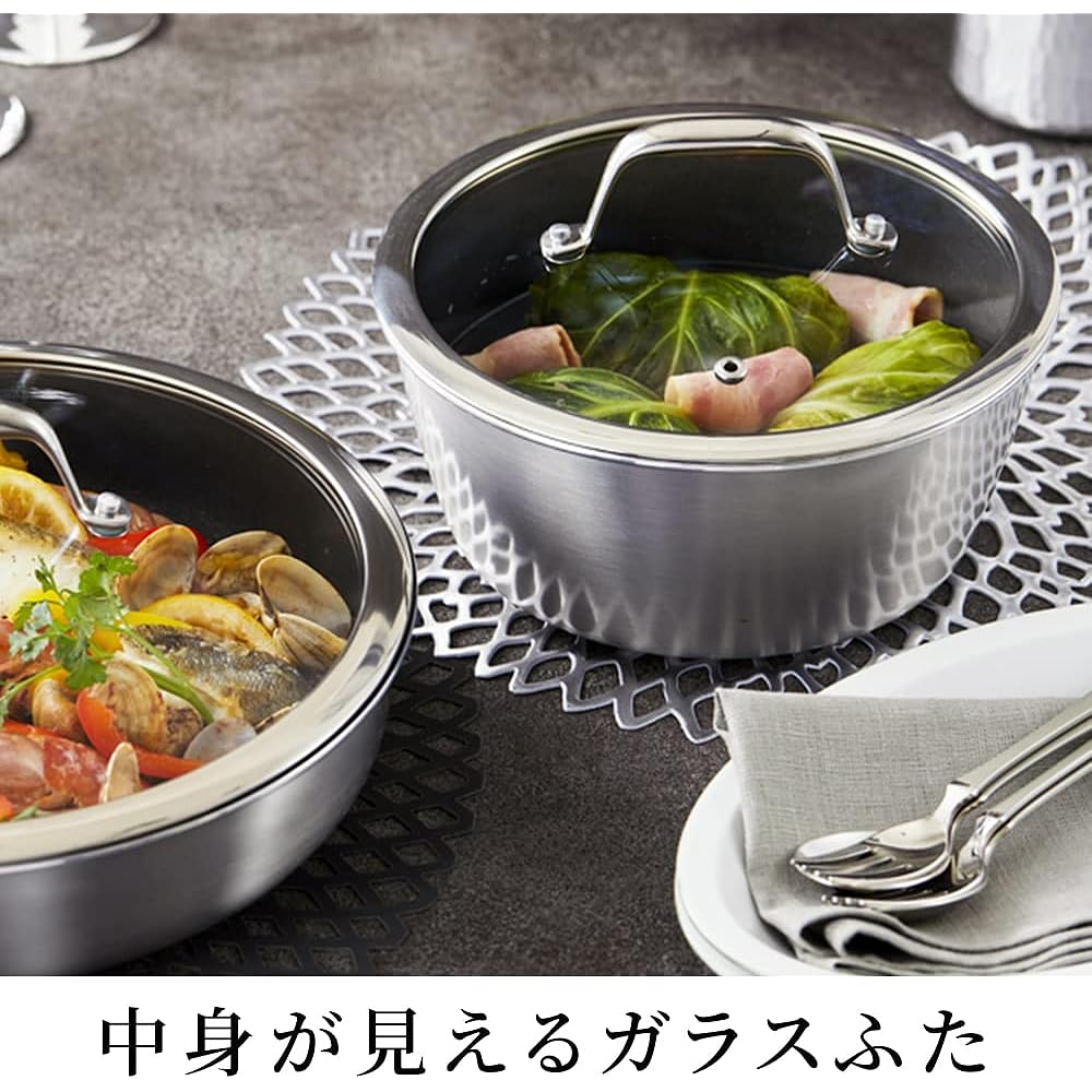 Iris Ohyama Frying Pan, 4 Piece Set, Deep Type, You can also make stews with the frying pan, Attractive Kitchen, Compatible with Gas Fire/IH, Easy to Clean, Durable and Long-lasting, Stainless Steel, Diamond Grace DG-S4S, Bronze