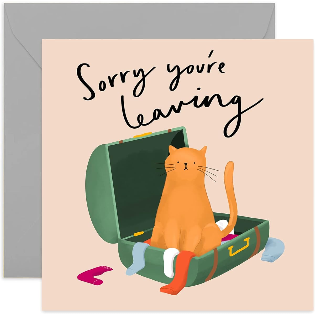 Old English Co. Cat Sorry You're Leaving Card - Fun Farewell Greeting Card | Goodbye, Colleague, Retirement, Moving | Blank Inside & Includes Envelope