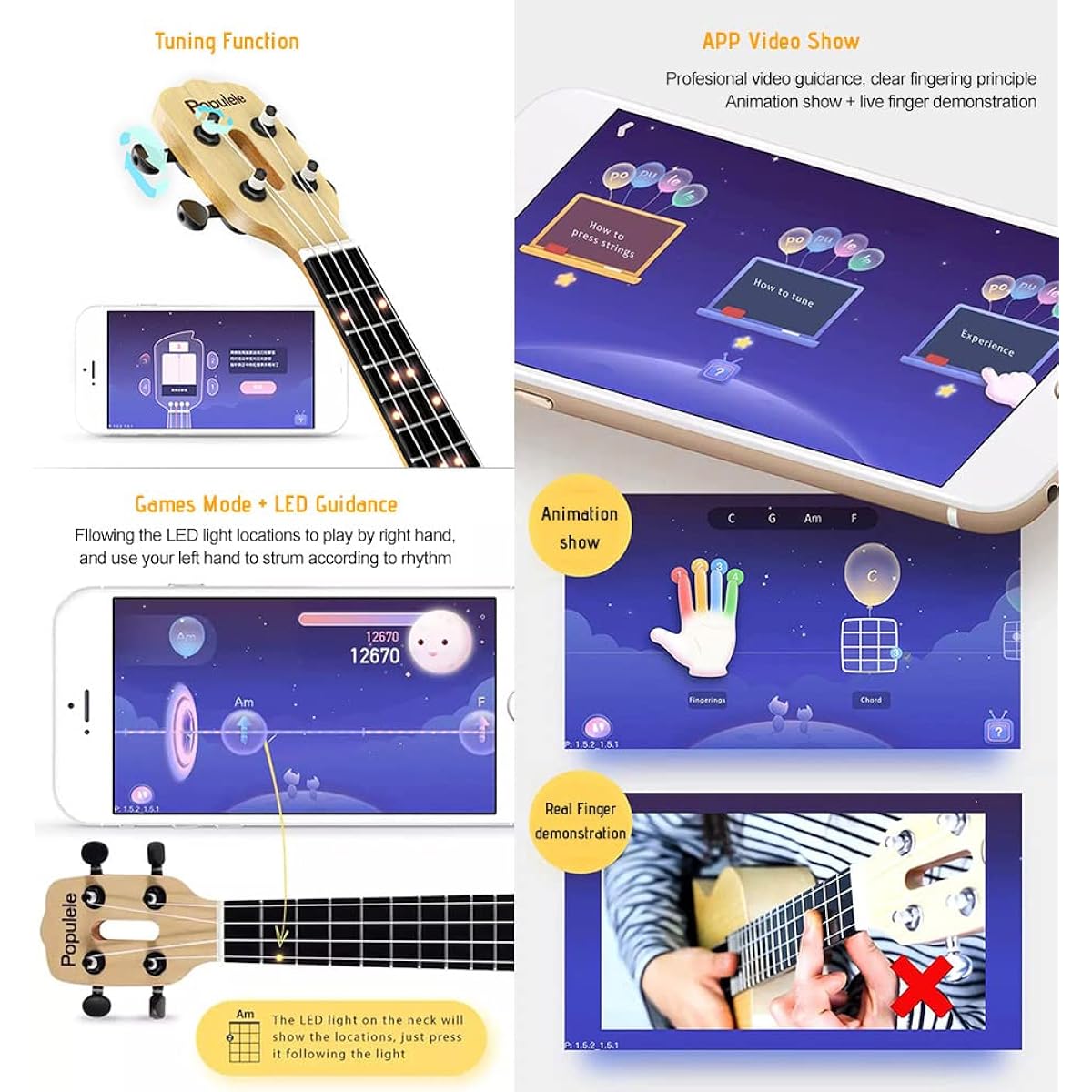Btuty 23 Inch Smart Concert Ukulele with App Teaching Function, Carbon Fiber Body, ABS Fingerboard with LED Light for Beginners (Spruce Wood Panel)
