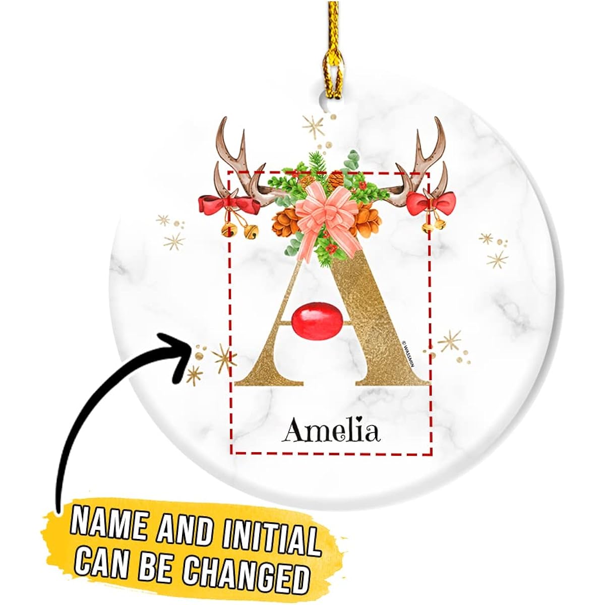 Wassmin Personalized Initial Ornament Reindeer Monogram First Christmas Acrylic Christmas Ornament Decoration Custom Initials Name Gift Christmas Wedding Party Kids Women Christmas Decoration