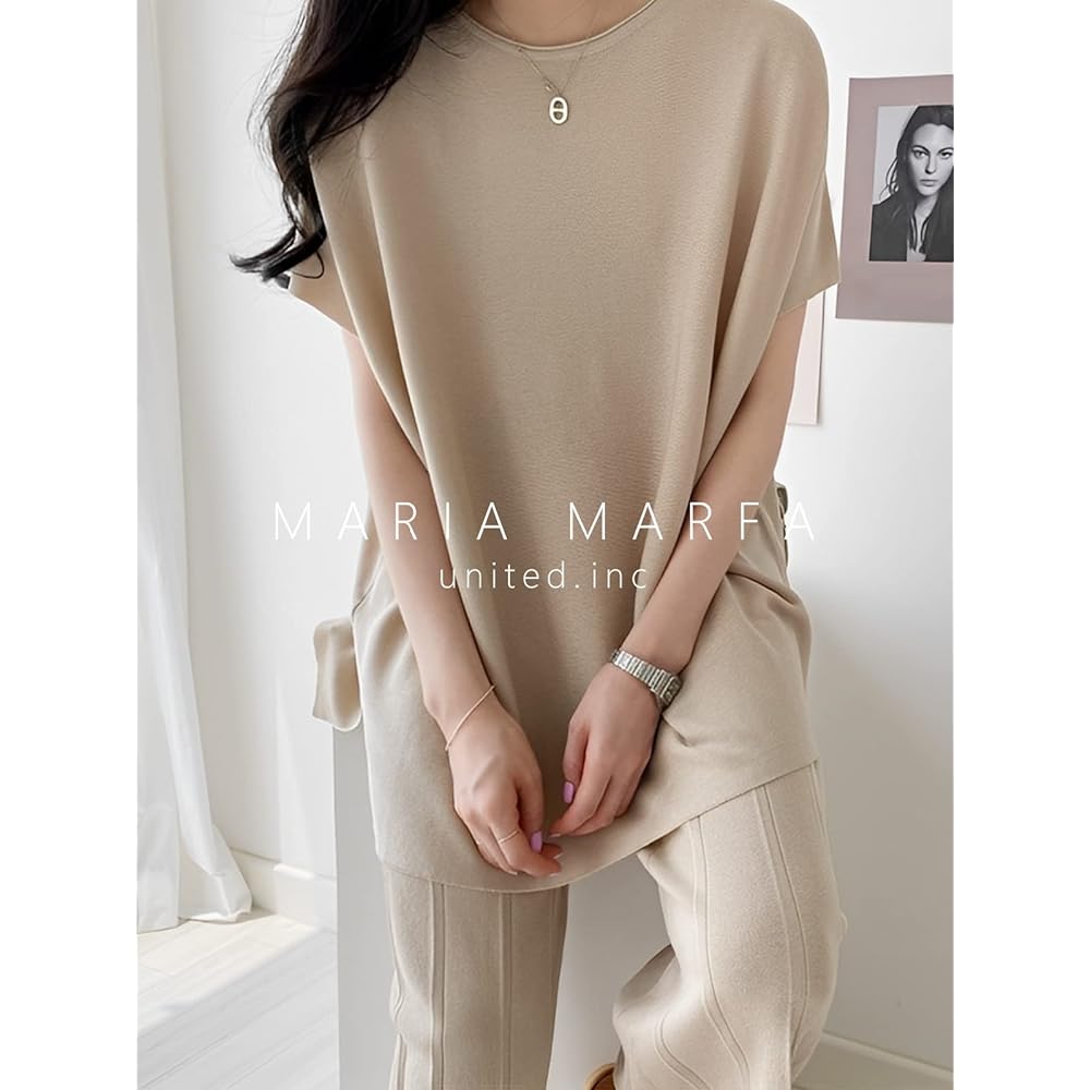 [MARIA MARFA] French sleeve setup t-shirt high waist long pants top and bottom 2 piece set spring summer 3S-M39