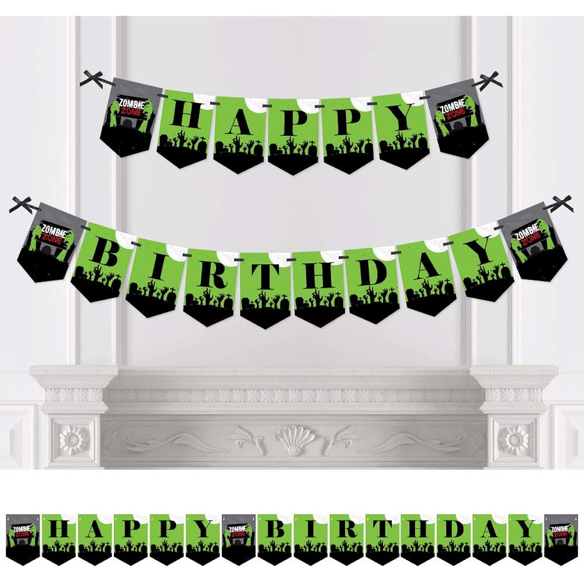 Big Dot of Happiness Zombie Zone - Birthday Zombie Crawl Party Bunting Banner - Birthday Party Decorations - Happy Birthday