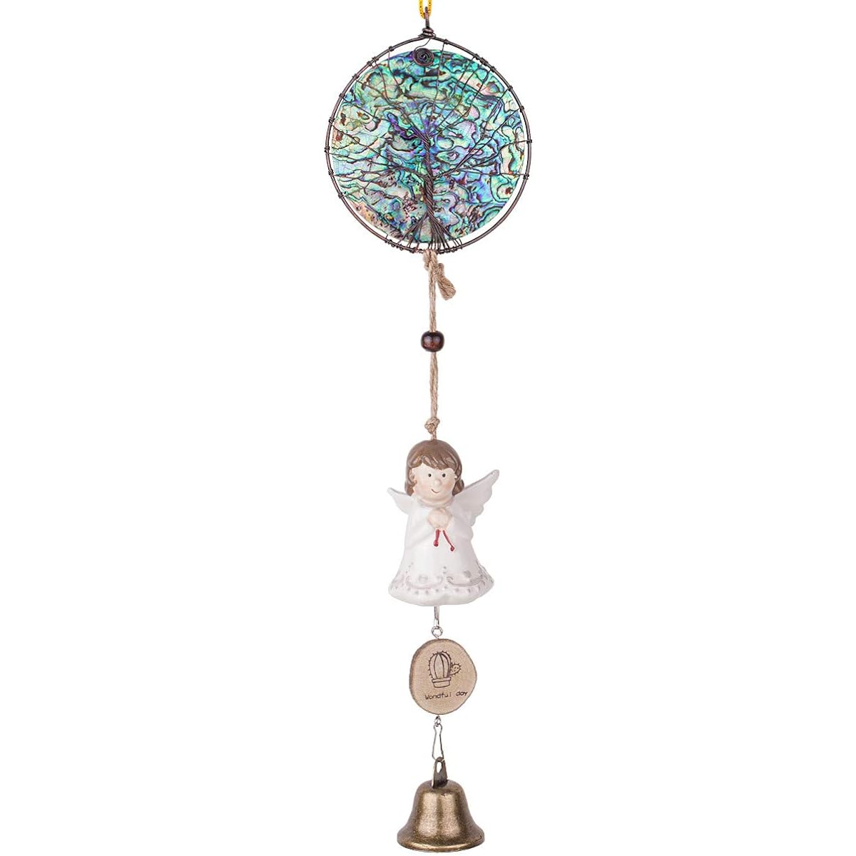 mookaitedecor Abalone Shell Tree of Life Hanging Ornament Jingle Bells Angel Statue Wooden Plaque Christmas Ornament Home Decoration
